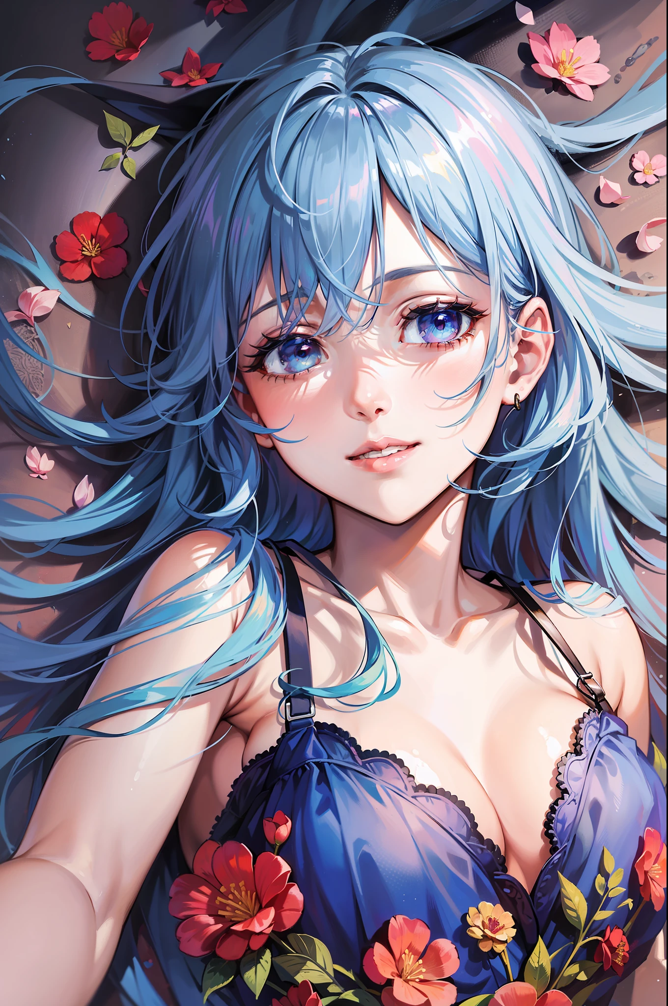 best quality, ultra high resolution (photorealistic: 1.4), 1 girl, masterpiece, outdoor, full body, surrounded by petals, lying on the ground, old blue hair and eyes red like rubies, smile Friendly and blue dress of silk, satin and chiffon, (((Portrait)))