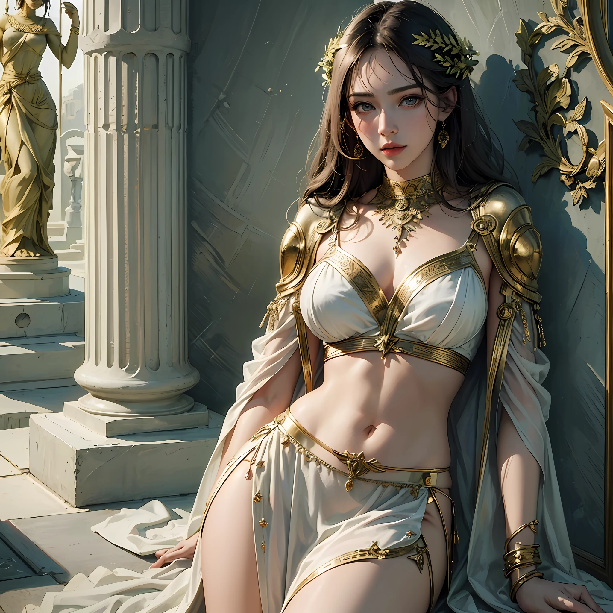 (masterpiece), (best quality), photorealism, realistic, ultra detailed, perfect face, perfect body, 1girl, beautiful girl, Greek goddess, Greek clothes,peplos, stand, sexy, low key