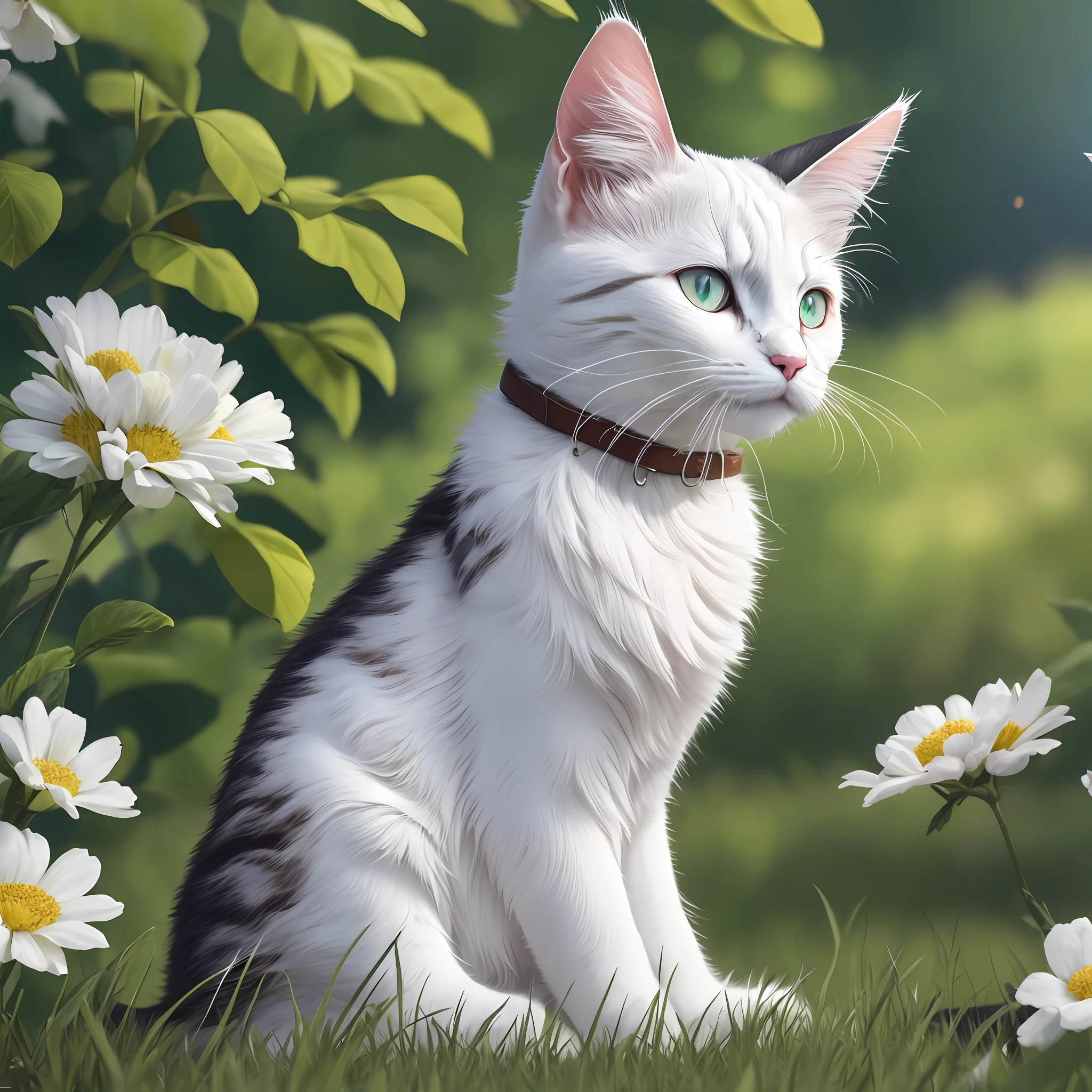 1cat, Maine, white cat, in a meadow, sit, during the day, sitting on the prairie, best quality, masterpiece, illustration, an extremely delicate and beautiful, extremely detailed ,CG ,unity ,8k wallpaper, Amazing, finely detail, masterpiece, best quality, official art, extremely detailed CG unity 8k wallpaper, absurdres, incredibly absurdres, huge filesize, ultra-detailed, highres, extremely detailed, (best quality), (realistic, photo-realistic:1.2), 8k, soft lighting, high quality, official art, extremely detailed CG unity 8k wallpaper, cinematic lighting. --auto --s2