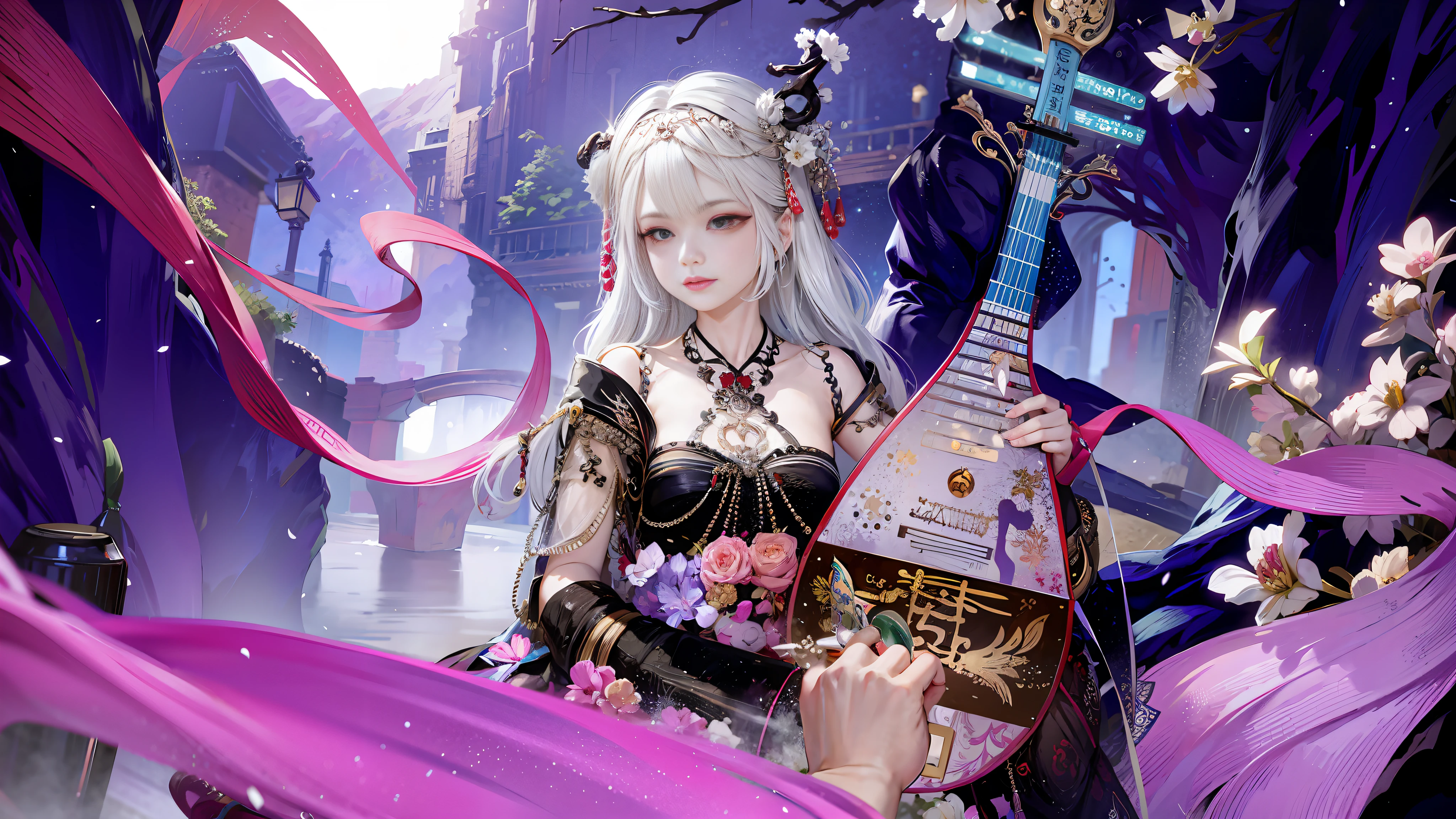 Wuxia, Pipa, Girl, Gray Hair, 4K, Game CG