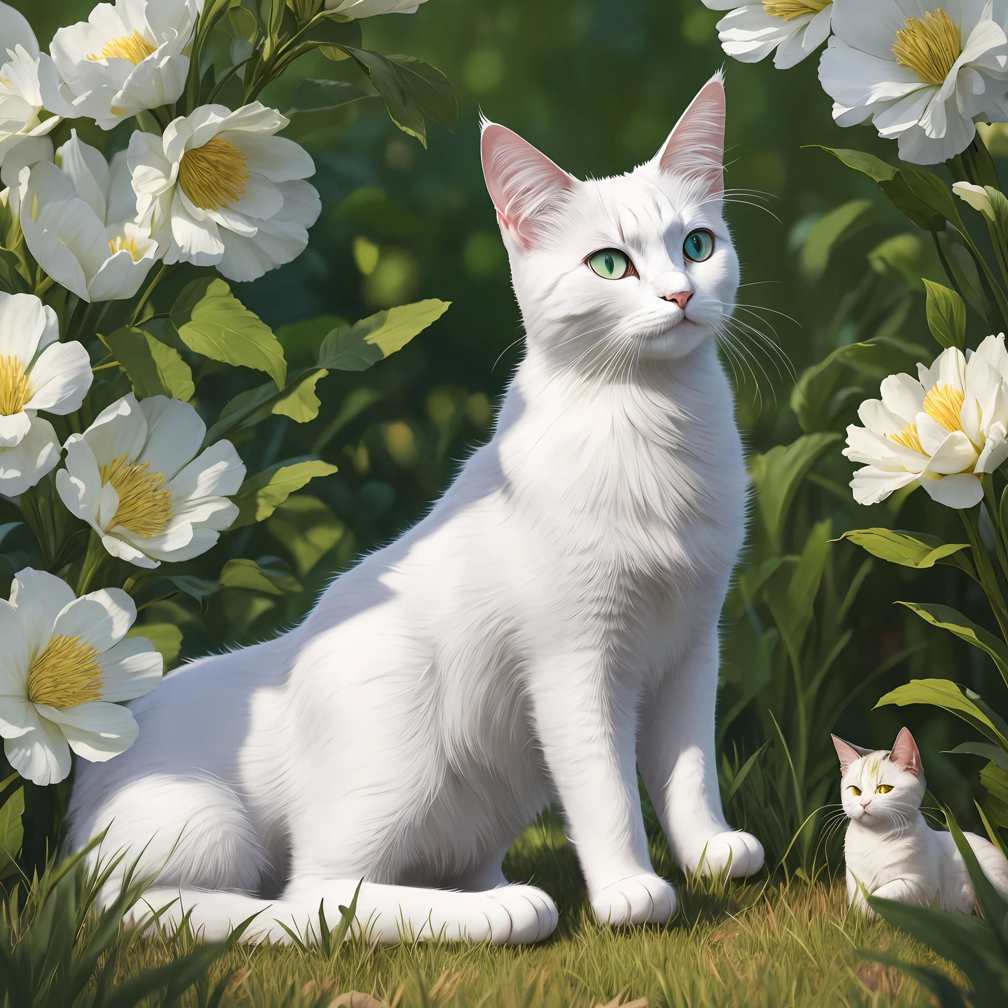 1cat, Maine, white cat, in a meadow, sit, during the day, sitting on the prairie, best quality, masterpiece, illustration, an extremely delicate and beautiful, extremely detailed ,CG ,unity ,8k wallpaper, Amazing, finely detail, masterpiece, best quality, official art, extremely detailed CG unity 8k wallpaper, absurdres, incredibly absurdres, huge filesize, ultra-detailed, highres, extremely detailed, (best quality), (realistic, photo-realistic:1.2), 8k, soft lighting, high quality, official art, extremely detailed CG unity 8k wallpaper, cinematic lighting. --auto --s2