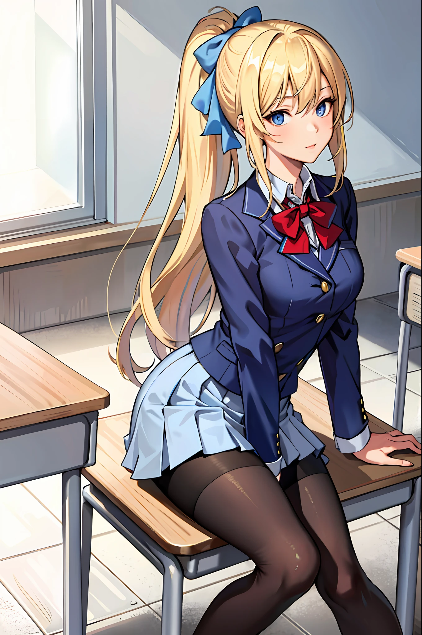 (Masterpiece: 1.2, Best Quality), 1 Lady, Solo, School Uniform, Classroom, Day, Sitting, Blonde, Ponytail, Blue Eyes, Open Collabora Bone, Gal, Open Chest, Tights