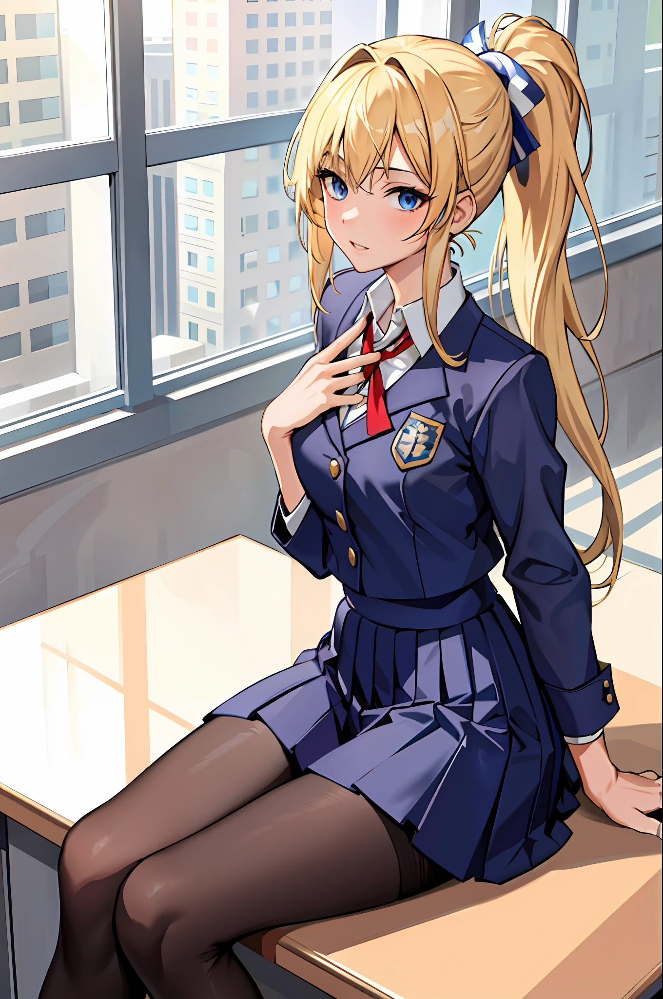 (Masterpiece: 1.2, Best Quality), 1 Lady, Solo, School Uniform, Classroom, Day, Sitting, Blonde, Ponytail, Blue Eyes, Open Collabora Bone, Gal, Open Chest, Tights