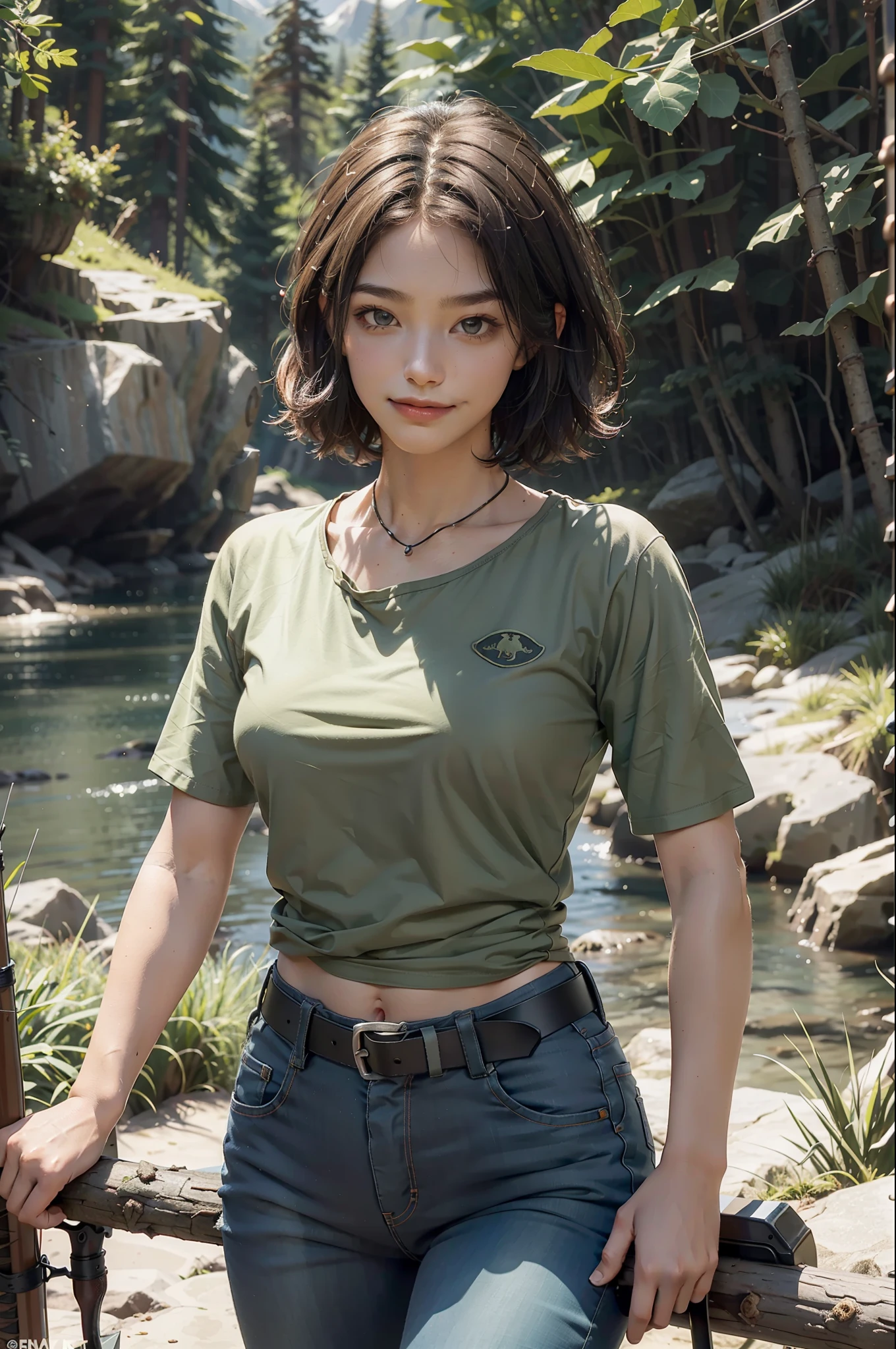 Best Quality, (Realism: 1.4), Masterpiece, Ultra High Resolution, Cave, Short Sleeve Dark Green Shirt, Face Enhancement, Camouflage Suit, Jeans, Armed Belt, Hiking Pickaxe, Lantern, Bow and Arrow on Back, Mountain Knife, 1girl, Beautiful Girl, Short Hair, Damp Hair, Neck Ring, (Musket), Adventurer, Smile, Upper Teeth, Lower Abdomen, Bodybuilding,