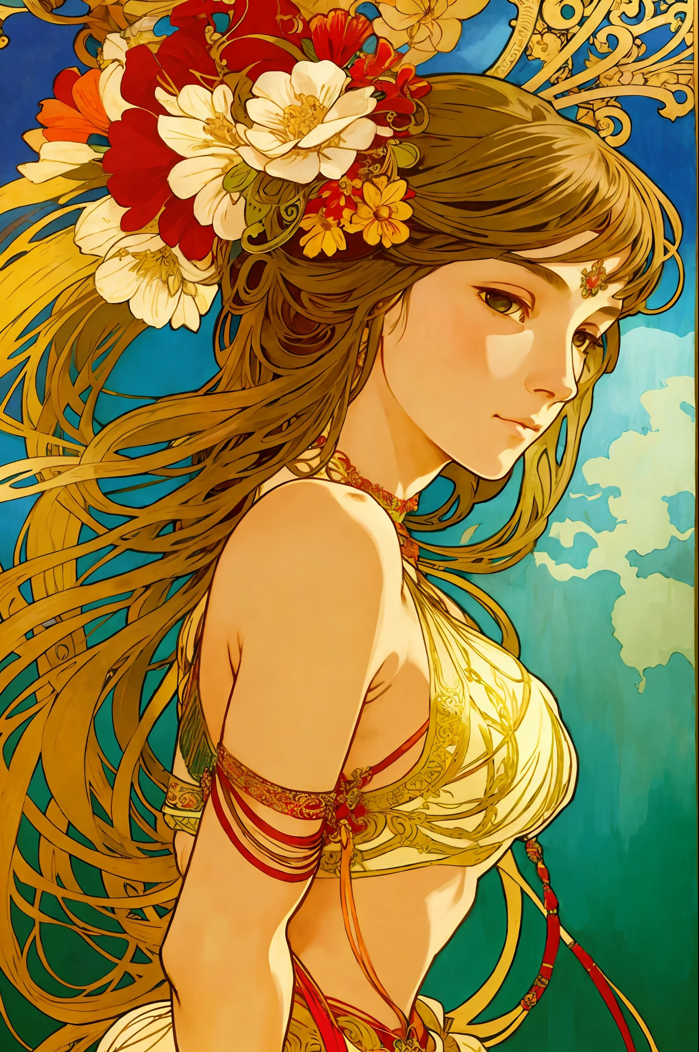 (Alphonse Mucha: 1.4), facial portrait of a European beauty, dance, long hair, red and green gradient hair flower decoration, (no clothes: 2), (details +Intricate details: 1.2), 4K, abstract art, body is proportional, line art, side face, color, Fibonacci, an ancient Chinese beauty, gorgeous costume embroidered with intricate embroidery, transparent colored streamers tied on arms, flowing, navel, bare shoulders, bare neck coiled hair bun, flower hairpin, arm ring tied with streamer, bracelet, anklet, metal chain tassel tied around the waist, Mogao cave art, Dunhuang flying sky mural inspiration, ink, cgstation popular --v 6