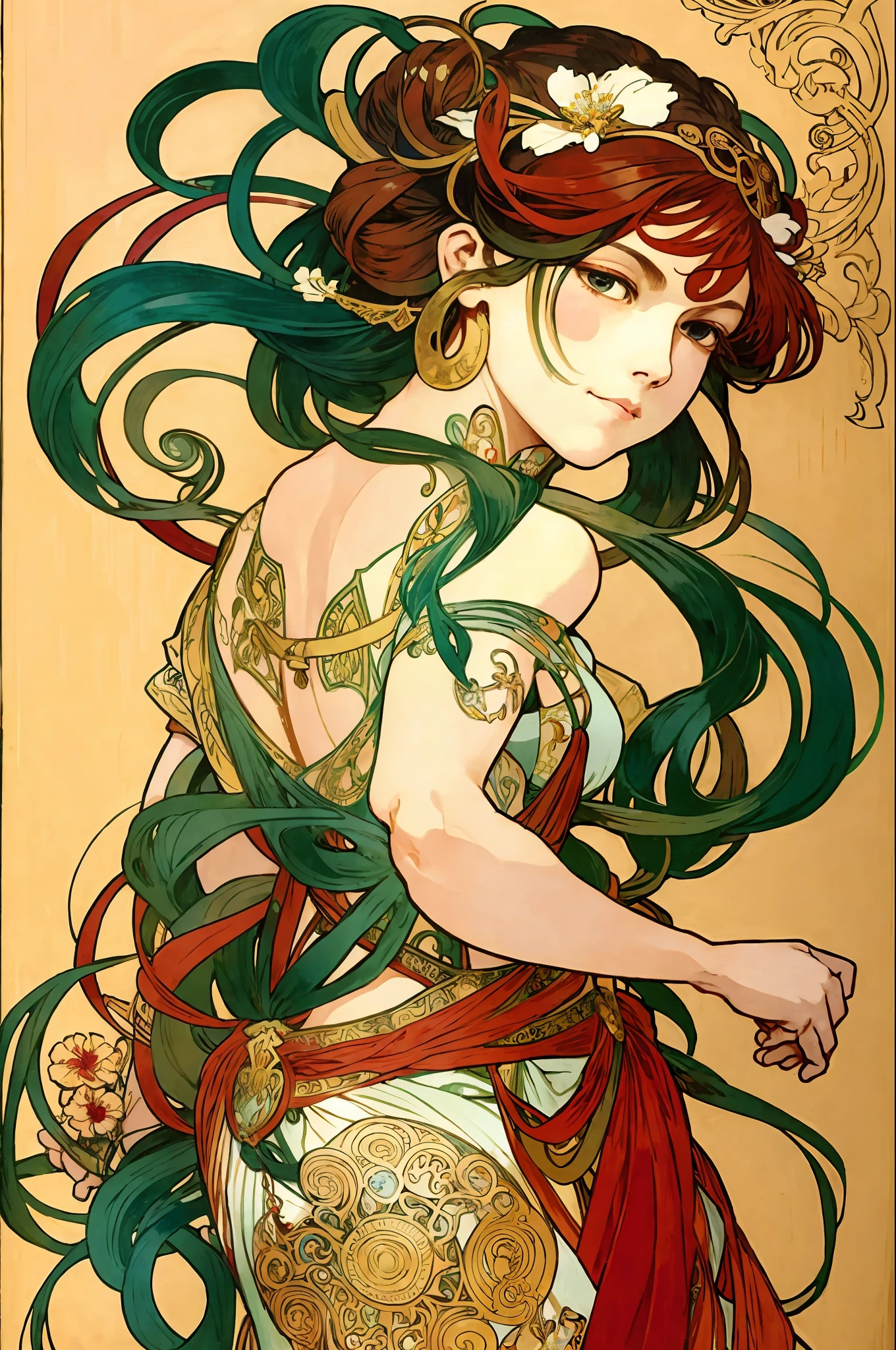(Alphonse Mucha: 1.4), facial portrait of a European beauty, dance, long hair, red and green gradient hair flower decoration, (no clothes: 2), (details +Intricate details: 1.2), 4K, abstract art, body is proportional, line art, side face, color, Fibonacci, an ancient Chinese beauty, gorgeous costume embroidered with intricate embroidery, transparent colored streamers tied on arms, flowing, navel, bare shoulders, bare neck coiled hair bun, flower hairpin, arm ring tied with streamer, bracelet, anklet, metal chain tassel tied around the waist, Mogao cave art, Dunhuang flying sky mural inspiration, ink, cgstation popular --v 6