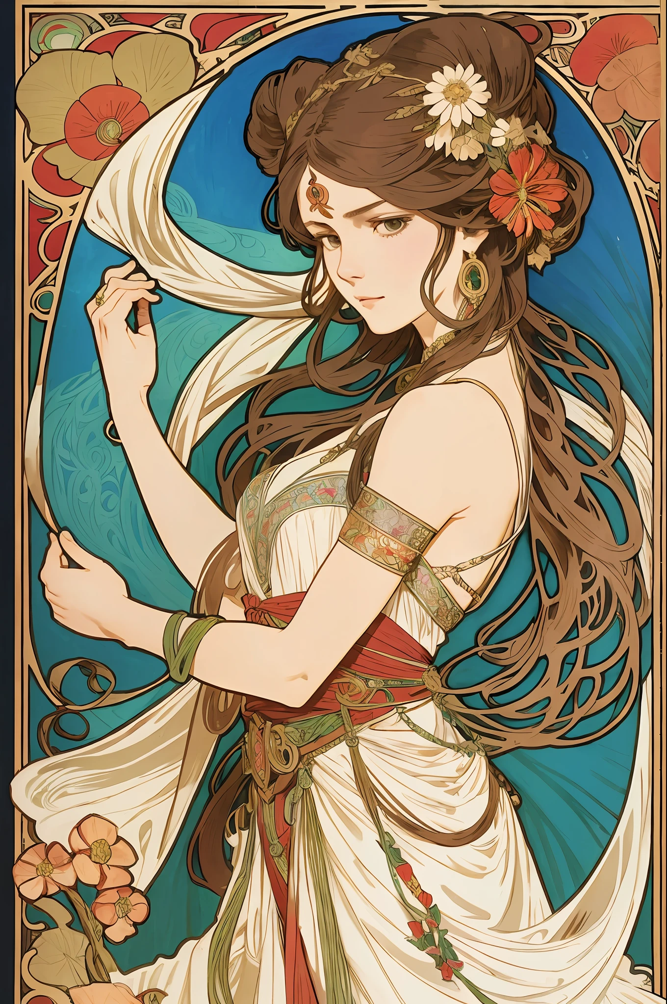 (Alphonse Mucha: 1.4), facial portrait of a European beauty, dancing, long hair, red and green gradient hair flower decoration, (few clothes: 2), (detail +Intricate details: 1.2), 4K, abstract art, body is proportional, line art, side face, color, Fibonacci, an ancient Chinese beauty, gorgeous costume embroidered with intricate embroidery, transparent colored streamers tied on arms, flowing, navel, bare shoulders, bare neck coiled hair bun, flower hairpin, arm ring tied with streamer, bracelet, anklet, metal chain tassel tied around the waist, Mogao cave art, Dunhuang flying sky mural inspiration, ink, cgstation popular --v 6
