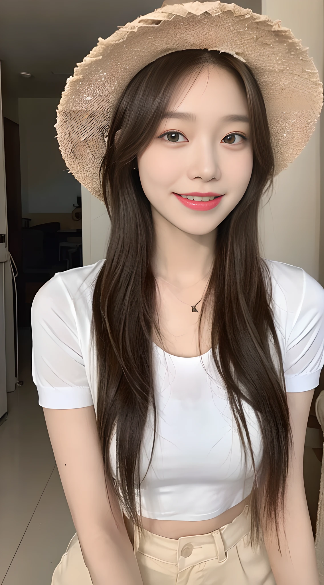 ((Best Quality, 8K, Masterpiece: 1.3)), (Sunscreen Straw Hat: 1.3), Focus: 1.2, Perfect Body Beauty: 1.4, Buttocks: 1.2, (Layered Haircut: 1.2)), (Dark Street: 1.3), Highly Detailed Face and Skin Texture, Full Body, Delicate Eyes, Double Eyelids, Whitened Skin, Long Hair, (Round Face: 1.5), (Short Sleeves, Shorts: 1.6). smile