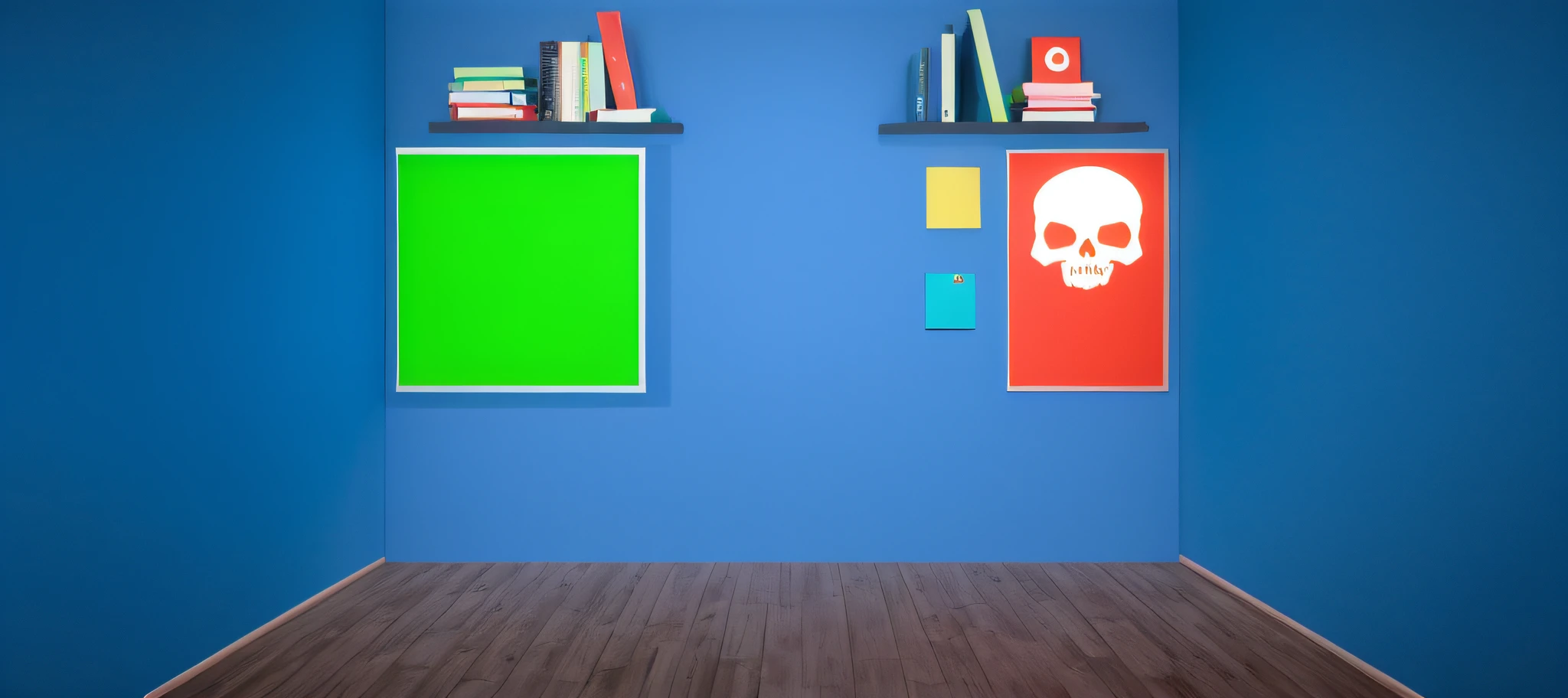 there are two books on the shelves above the bookshelves, classroom background, bold colored walls, blue walls, green screen background, photograph of 3d ios room, personal room background, blue wall, painting of a room, bold complementary colors, posters on the wall, alien room background, 4k art, skull on the screen, plain studio background