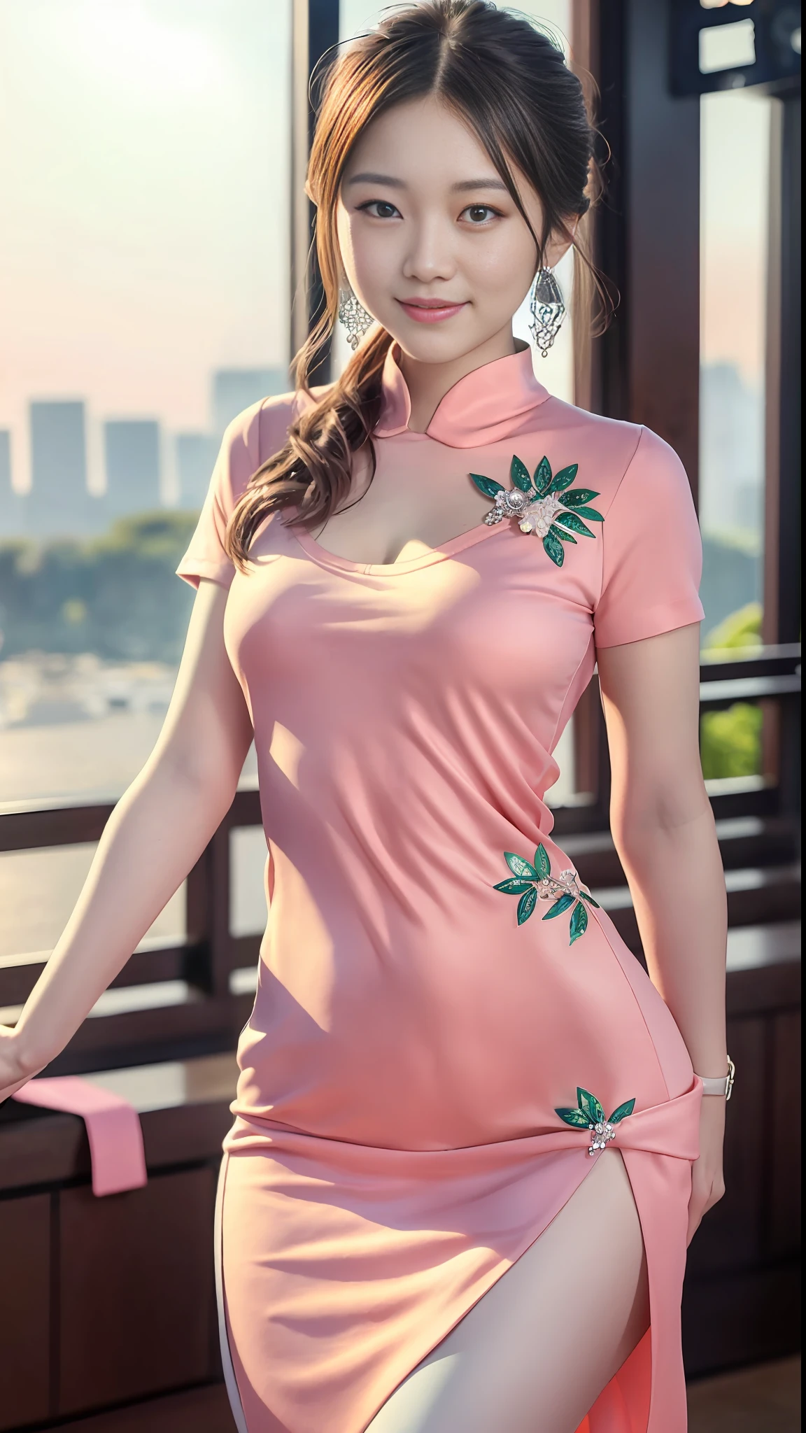 Smiling minchen, mouth closed, balanced eyes, (Best Quality Detail: 1.2), Realistic, 8K HD, Ultra-detailed, High Quality Texture, Intricate Detail, Detailed Texture, Fine Detail, High Detail, Very Detailed CG, Delicate Beautiful Delicate Face, (Delicate Beautiful Delicate Eyes: 1.32), Very Bright Lighting, Ray Tracing, (A Beautiful 25-Year-Old Cute Japanese Lady: 1), Proud, Tall Feminine, Beautiful Legs, Glowing Eyes, Blush, Very White Skin, Perfect Body Petite, Silver Tight Bra, [Brown Skirt]: 1, Stockings and suspenders: 1.2, long hair, short pink skirt, comfortable living room, sun, hands open, earrings, necklace, model, looking at the audience, standing pose, from the side, dynamic pose, front