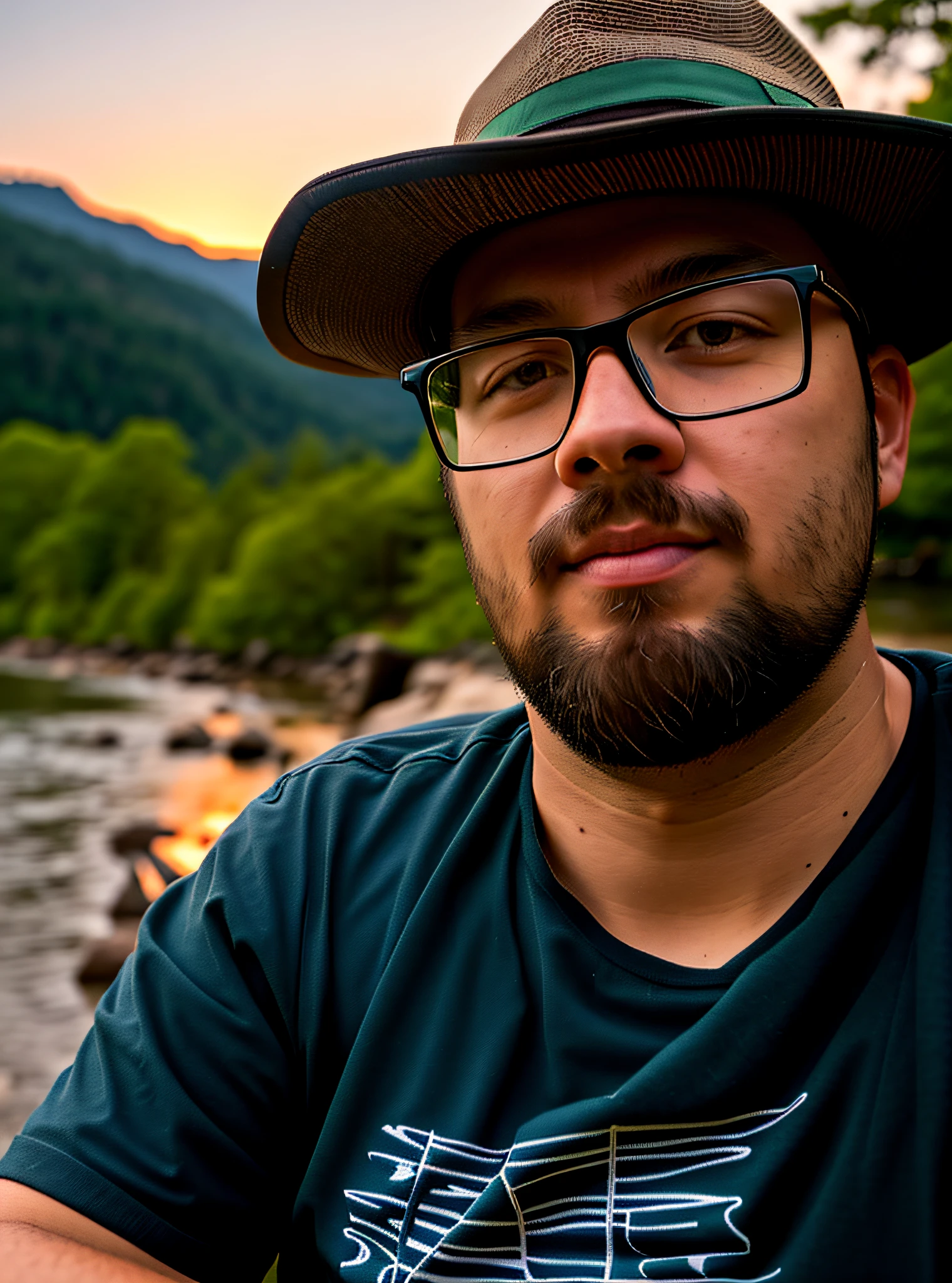 Man wearing a hat and glasses sitting by a river, 8K selfie photograph, taken on Nikon Z9, during sunset, selfie taken directly at the angle, in front of a forest background, realistic image, anime style --auto --s2