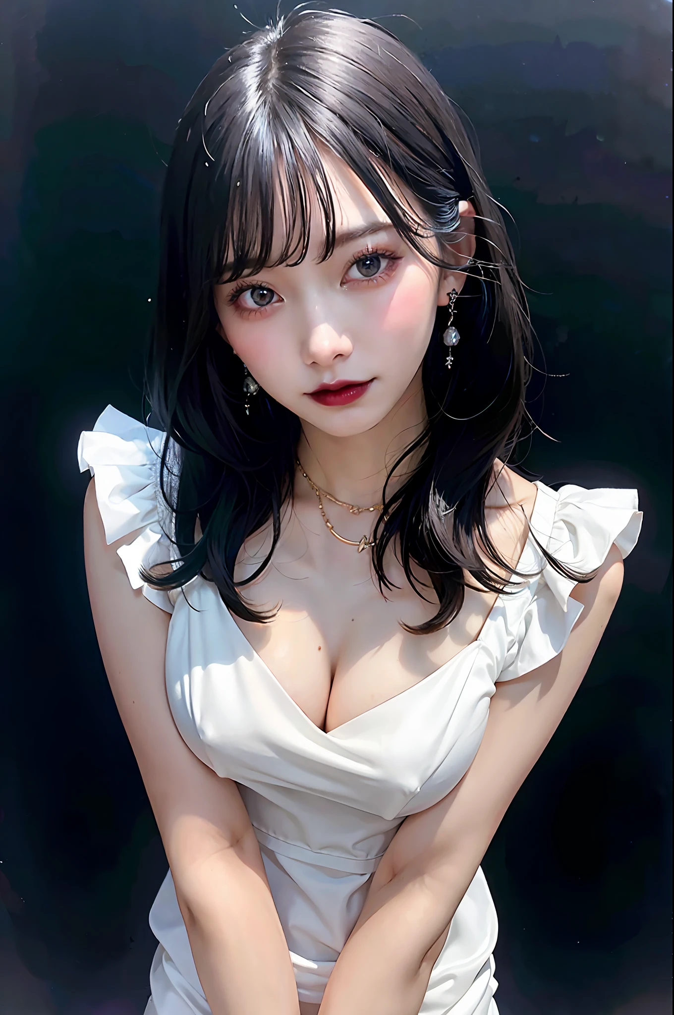 Black Hair Bob, (RAW Photo, Photorealism), (Very dark lip gloss, pitch black lipstick, so many eyelashes, pitch black eyeshadow, watery eyes, crying, angry, high quality, high resolution, depth of field, chromatic aberration, natural color, caustics, midnight, dark, Japan, female,), necklace, single woman, choker, earrings, bracelet, Soft big, white dress, good style, slender figure, the tip of the is clearly visible, the whole body, raw legs, see-through bra, the body line is very sexy, the crotch is wide open, the are sticking out, the dress is very exposed, the tip of the is clearly visible, the areola is visible, the pubic area is clearly visible, crotch wide open, bracelet, coast, blue sky