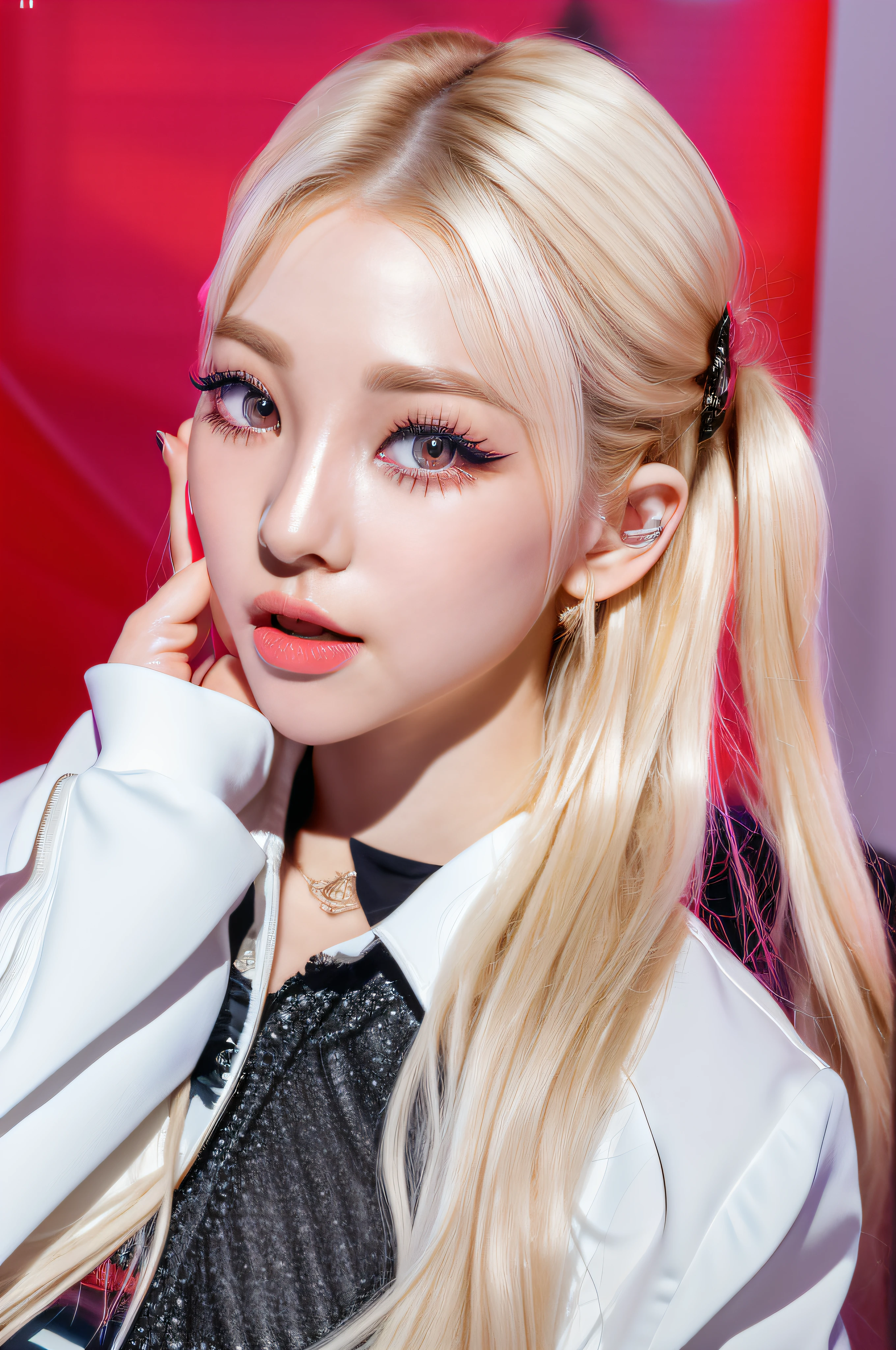 (8k, 4k, best quality, highres, ultra high res:1.1), (masterpiece, realistic, photo-realistic:1.1), 1girl, face, close-up, twintails, blonde hair, black eyes, red lips, (looking at viewer:2), absurdly long hair, long eyelashes, eyeshadow, small face, big eyes,
bare shoulders,
high contrast,