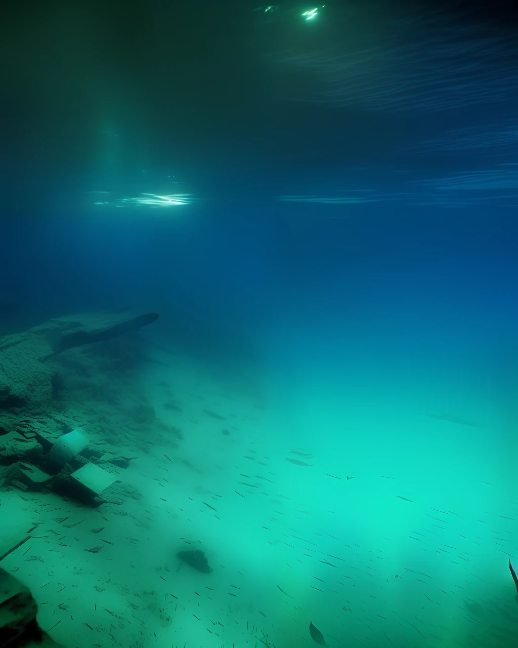 Dark underwater, dark deep ocean, old shipwreck, dark (low light)