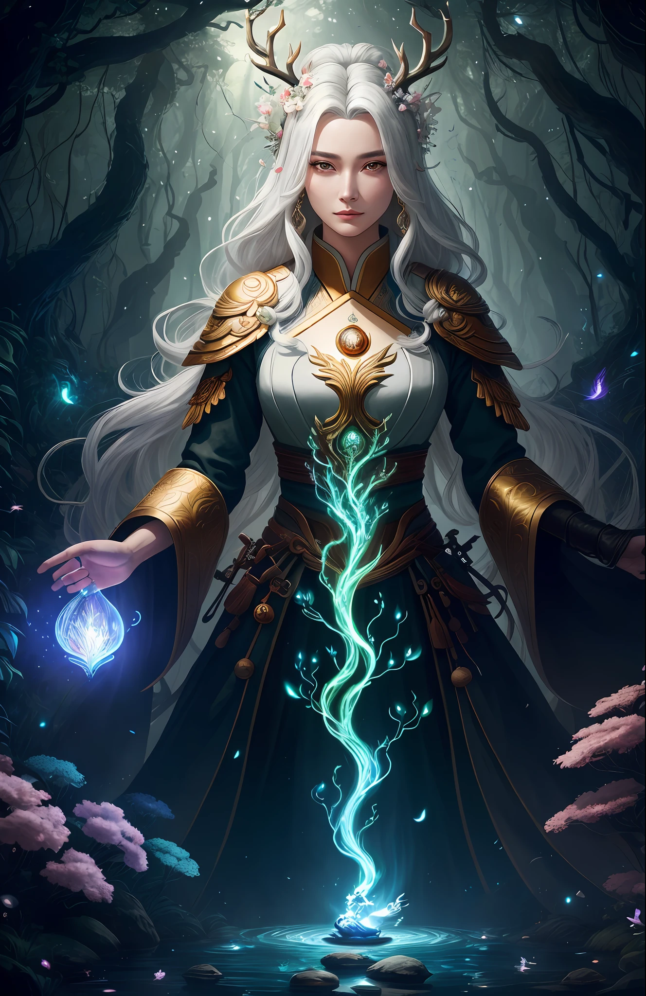 Masterpiece, best quality, (very detailed CG unified 8k wallpaper), (best quality), (best illustration), (best shadow), close-up of a woman with white hair and white mask, beautiful figure painting, Guvitz, Guvitz-style artwork, white-haired god, Yang J, epic exquisite character art, amazing character art, Fan Qi, Wu Jun Shifan, Guviz in pixiv art station, glowing elf, with a glowing deer, drinking water in the pool, Natural elements in forest theme. Mysterious forest, beautiful forest, nature, surrounded by flowers, delicate leaves and branches surrounded by fireflies (natural elements), (jungle theme), (leaves), (branches), (fireflies), (particle effects) and other 3D, Octane rendering, ray tracing, super detailed