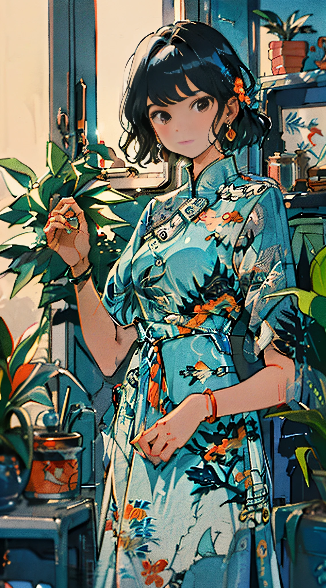 1girl, plant, solo, jewelry, earrings, potted plant, black hair, dress, looking at viewer, short sleeves, bangs, blush, brown eyes, floral print, indoors, bracelet, standing, shelf, short hair, hair ornament, print dress, nail polish, blue dress, medium hair, braid, chinese clothes, closed mouth