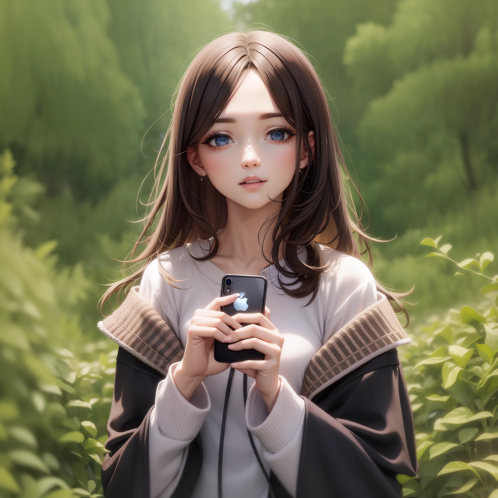 Anime girl with long hair holding a cell phone in a field - SeaArt AI