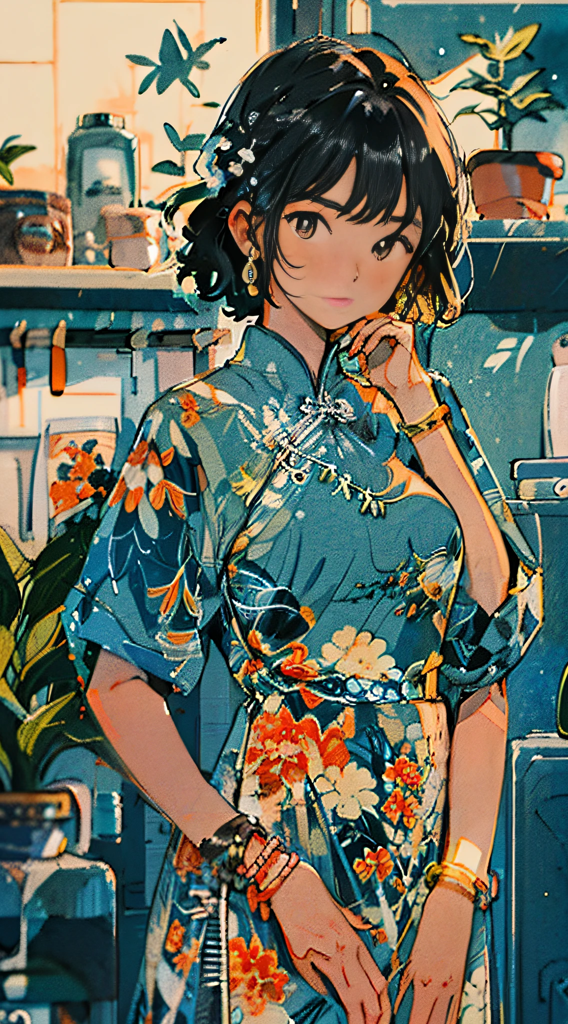 1girl, plant, solo, jewelry, earrings, potted plant, black hair, dress, looking at viewer, short sleeves, bangs, blush, brown eyes, floral print, indoors, bracelet, standing, shelf, short hair, hair ornament, print dress, nail polish, blue dress, medium hair, braid, chinese clothes, closed mouth