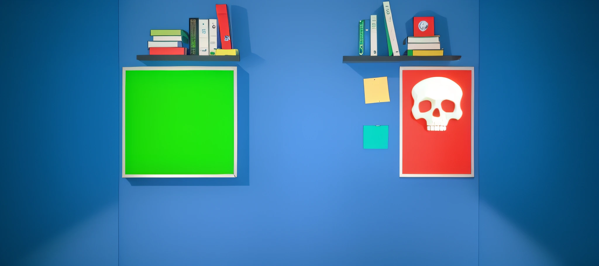 there is a picture of a room with a green wall and a skull on the wall, classroom background, bold colored walls, green blue red colors, blue walls, posters on the wall, photograph of 3d ios room, blue wall, green screen background, library background, green and blue colors, green and blue and warm theme, office background, blue background colour