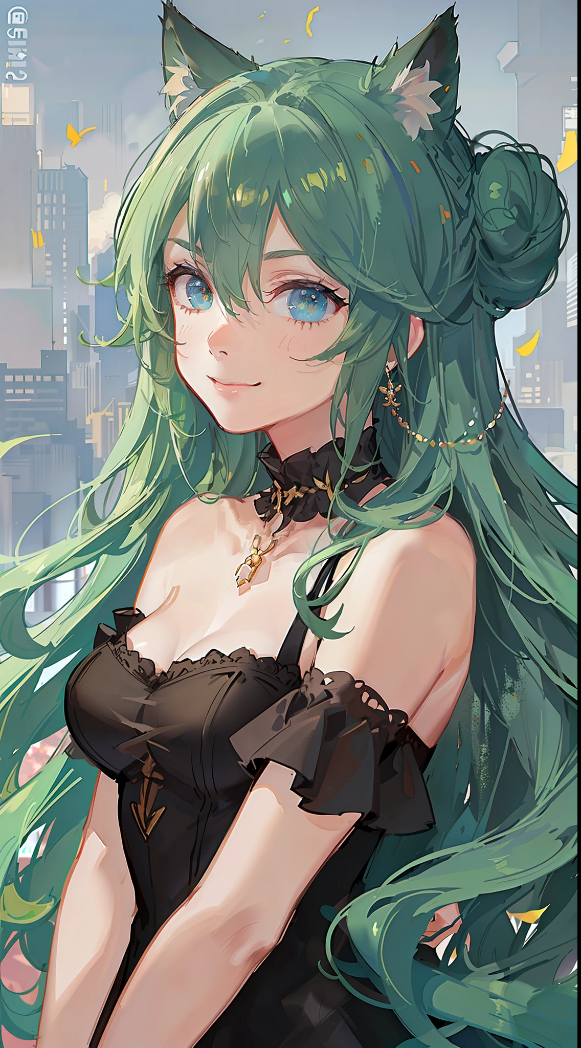 Young girl, long dark green hair, hair in a bun, cyan eyes, cat ears, smile, dress, open shoulders, semi-prominent elements on the dress, masterpiece, high quality