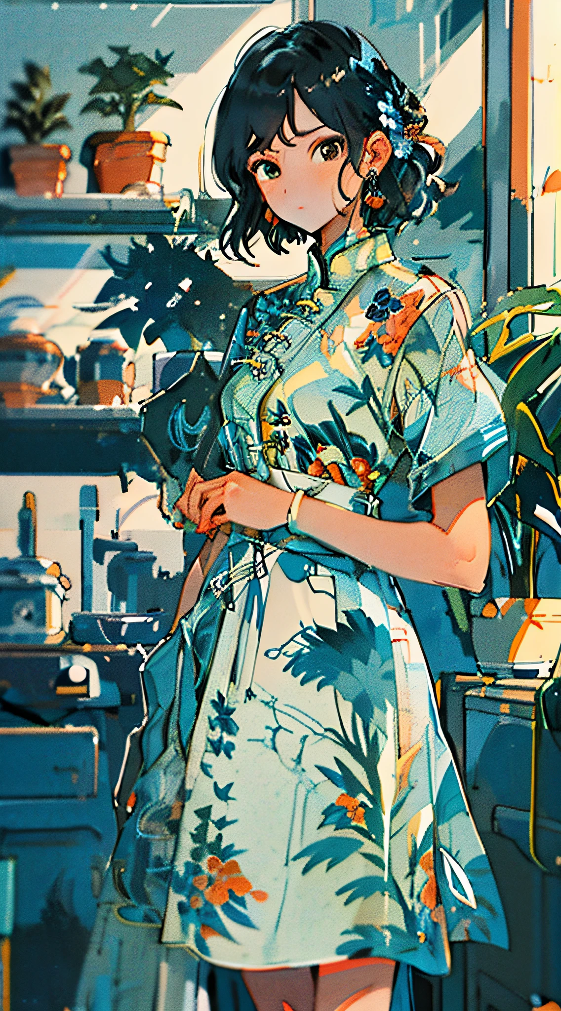 1girl, plant, solo, jewelry, earrings, potted plant, black hair, dress, looking at viewer, short sleeves, bangs, blush, brown eyes, floral print, indoors, bracelet, standing, shelf, short hair, hair ornament, print dress, nail polish, blue dress, medium hair, braid, chinese clothes, closed mouth