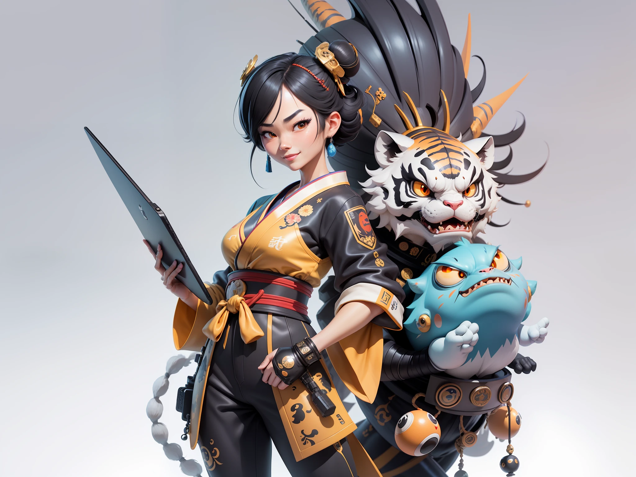 (Masterpiece), (Extreme Quality), (Super Meticulous), (Full Body: 1.2), Super Young Woman, Japanese Female Geisha, Beauty, Chinese Dragon, Tiger, Fengshen Thor, Sexy, Bursting, Oriental Face, TV Anchor, Bust Portrait Illustration, Alone, Black Suit, Blue Tie, Slightly Chubby, Very Clean Face, No Beard, Black Super Short Hair, Black Eyes, Confident Smile, 3c Computer Sub-Products, iPad, iPhone, Digital Painting, 3D character design by Mark Clairedon and Pixar and Hayao Miyazaki and Akira Toriyama, the illustrations are HD illustrations in 4K resolution with highly detailed facial features and cartoon-style visuals.