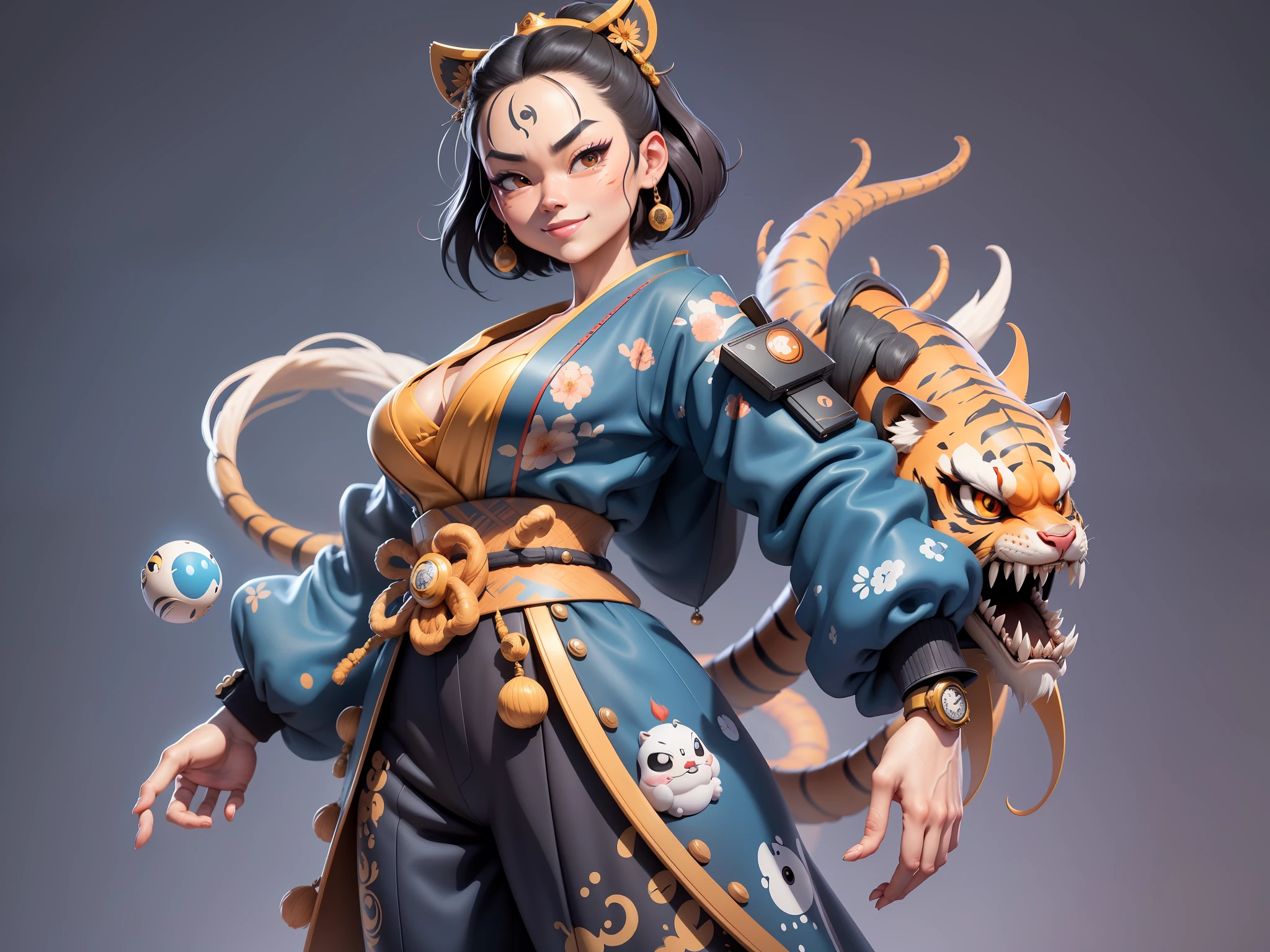 (Masterpiece), (Extreme Quality), (Super Meticulous), (Full Body: 1.2), Super Young Woman, Japanese Female Geisha, Beauty, Chinese Dragon, Tiger, Fengshen Thor, Sexy, Bursting, Oriental Face, TV Anchor, Bust Portrait Illustration, Alone, Black Suit, Blue Tie, Slightly Chubby, Very Clean Face, No Beard, Black Super Short Hair, Black Eyes, Confident Smile, 3c Computer Sub-Products, iPad, iPhone, Digital Painting, 3D character design by Mark Clairedon and Pixar and Hayao Miyazaki and Akira Toriyama, the illustrations are HD illustrations in 4K resolution with highly detailed facial features and cartoon-style visuals.