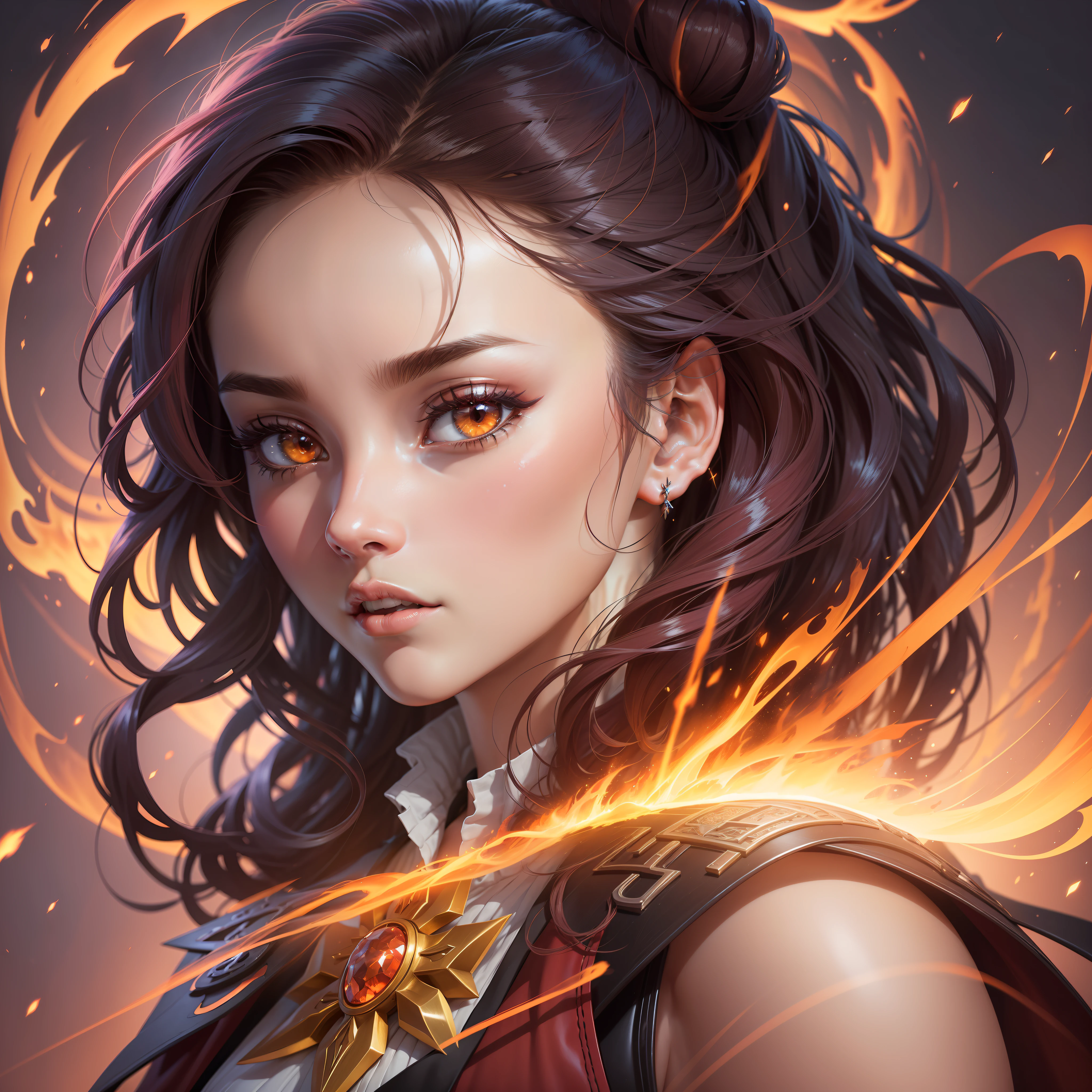 Generate a high-quality anime-style digital illustration depicting an elemental magician woman engulfed in red flames and yellow lightning. The scene should be extremely detailed, with golden tones and a sense of realistic depth of field. The lighting should be cinematic, with a soft backlight (backlighting: 1.2) that highlights the contours of the character. Add a subtle flowering effect (flowering: 1.2) that brings an ethereal appearance to the flames and lightning. Use bright light (1.1) to emphasize the magical elements. Add a slight chromatic aberration (chromatic aberration: 1.2) at the points of greatest intensity of the image to increase realism.
The magical woman should be portrayed with distinctive anime features, displaying striking facial details, expressive eyes, and an elaborate hair style. She should be dressed in a costume that matches the elemental theme, using shades of red and yellow to match the flames and lightning that surround her. The details of the costume should be sharp and well defined, featuring ornaments and textures that enhance its magical appearance.
The spatial background should be highly detailed, with bright stars and a sense of vastness. Soft, cinematic lighting should be applied, creating subtle shadows and accent areas to give depth to the scene. Add a soft blur effect to reinforce the sense of depth of field and highlight the main character. Apply a slight backlight (backlighting: 1.2) from space to highlight the silhouette of the magician.
The generated image must present exceptional resolution and sharpness, with a high level of detail in all elements. The contrast should be adjusted to highlight the vibrant colors of the fire and lightning. Make sure the lighting is meticulously rendered, creating precise shadows and reflections, to achieve a hyper-realistic effect.
Use the automatic mode (auto) to adjust the parameters of the ge