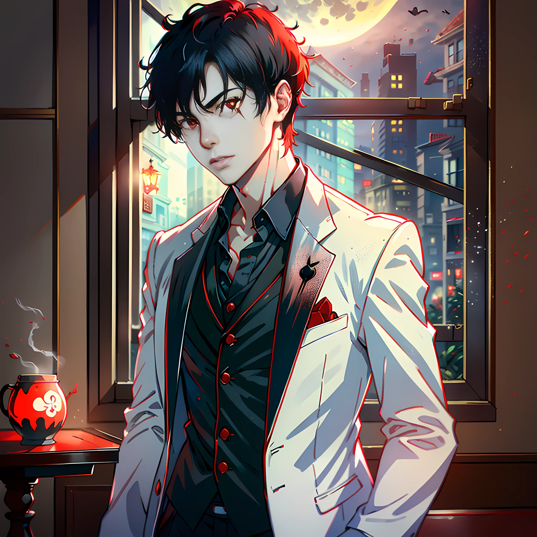 At night, by the window, Red Moon, a handsome boy walking, about to turn into a zombie, short black hair, white suit, red eyes, coffee table, no blood, highly real, 4K, chiaroscuro, super high detail