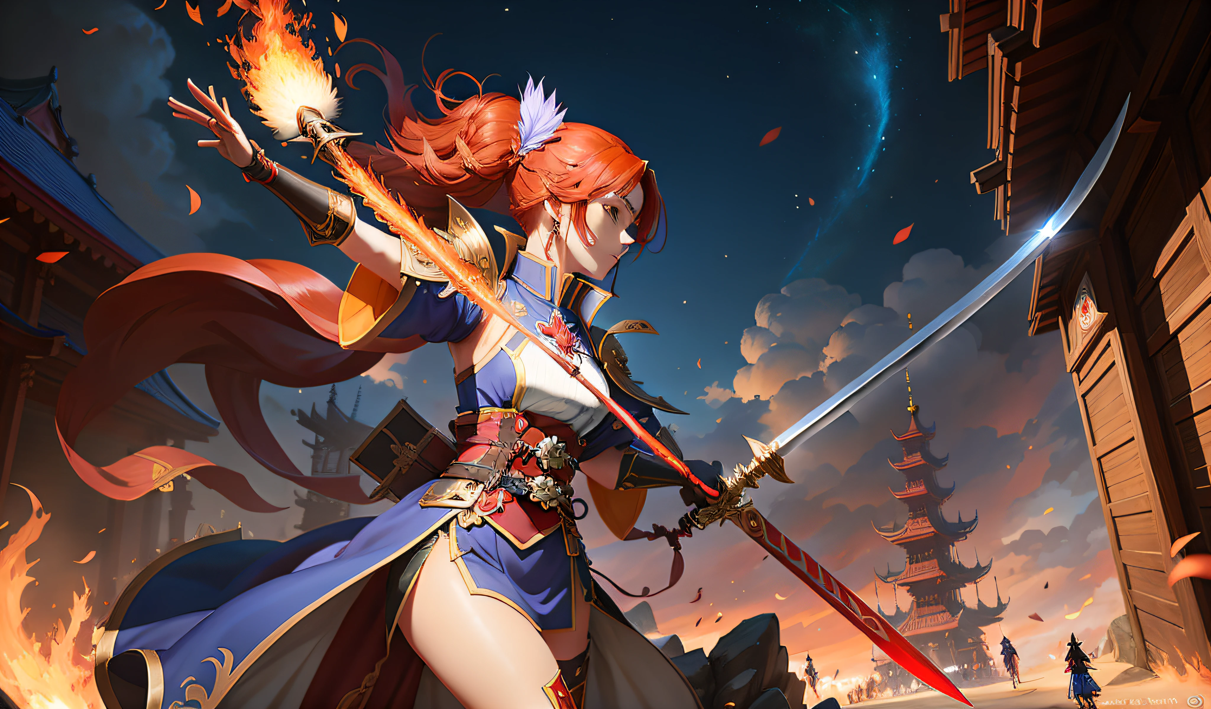 anime girl with red hair holding a sword and fire, chengwei pan on artstation, alice x. zhang, onmyoji detailed art, artgerm and ruan jia, by Yang J, fire mage, onmyoji, g liulian art style, artgerm on artstation pixiv, rossdraws sakimimichan