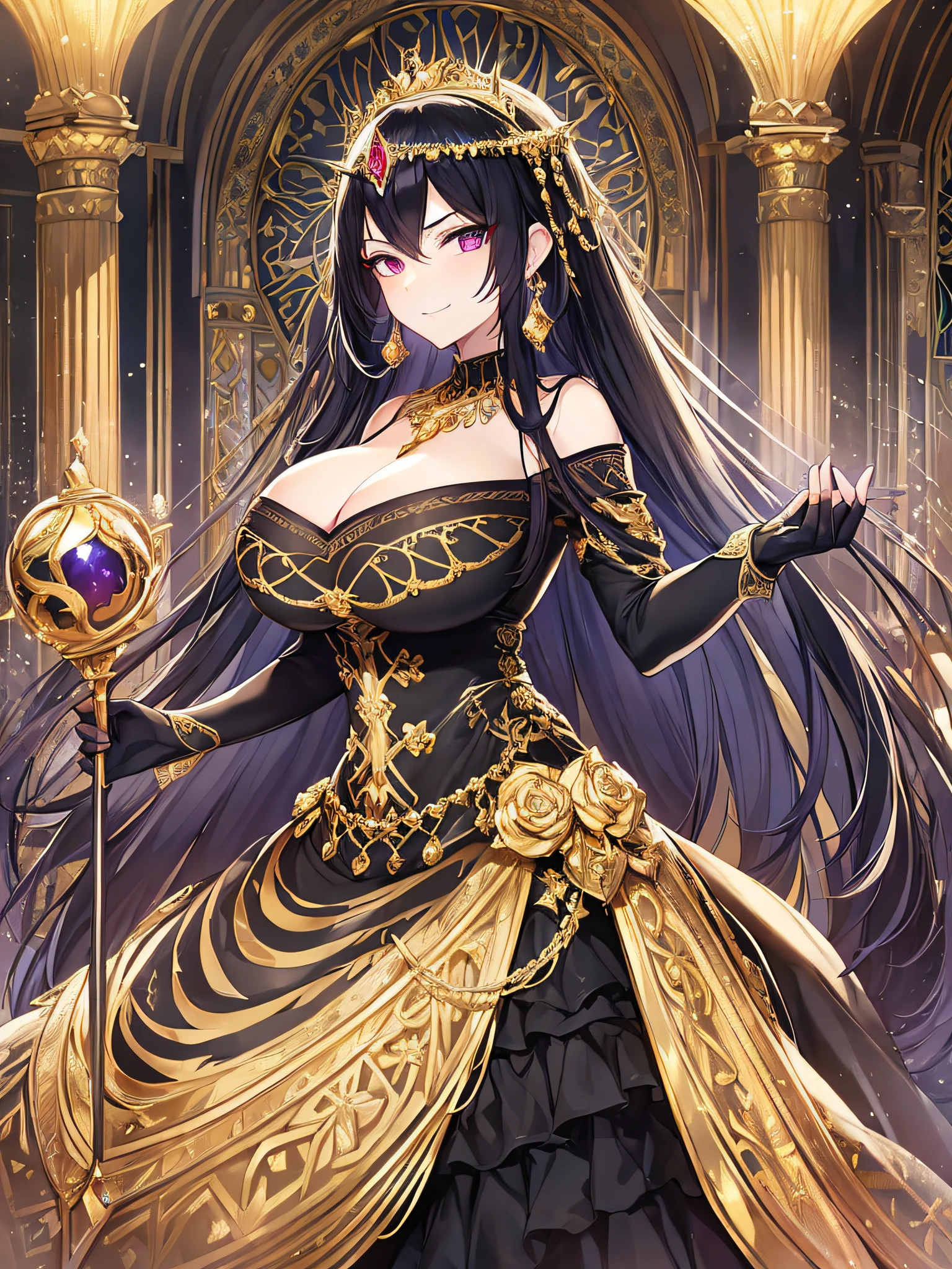 ((anime moe artstyle)),((Masterpiece)), (Best Quality), (Super Detail), Illustration, (((Very Delicate and Beautiful))),Dynamic Angle,Looking at viewer,((((Solo)))),(((Full body))),(((1 arrogant cute empress in gorgeous black ball gown))),((holding a scepter in one hand)),(standing),dominant pose,(arrogant),(((haughty smile))),Purple eyes,(Sharp eyes),Detailed Face, Long Eyelashes,Jet Black Hair,Straight Hair,((Very Long Hair)),Bangs between eyes,((((gigantic breasts)))),cleavage,((skindentation)),curvy,off shoulder,See-through,(gorgeous embroidered black and gold rococo ball gown),(fluffy rococo ball gown with gorgeous embroidery),((gold trim)),(((hoop skirt))),long skirt,corset,crinoline,opera gloves,Beautifully Gorgeous jeweled big tiara,Beautifully Gorgeous gem earrings,Beautifully Gorgeous jeweled necklace,Beautifully Gorgeous jeweled ornaments,indoor,light particles,royal palace,