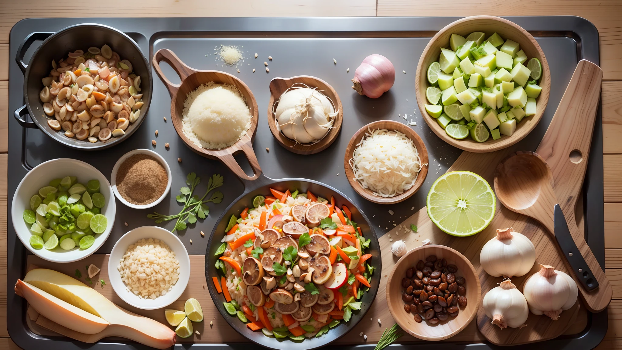 Place the cooking seasonings on the board,Pig's foot one 、Garlic whole 、Ginger slices 、Shallots、onion 、coriander 、carrot 、apple、Unsoaked shiitake mushrooms,Wide-angle lens shooting,Wireframe icon, --auto --s2