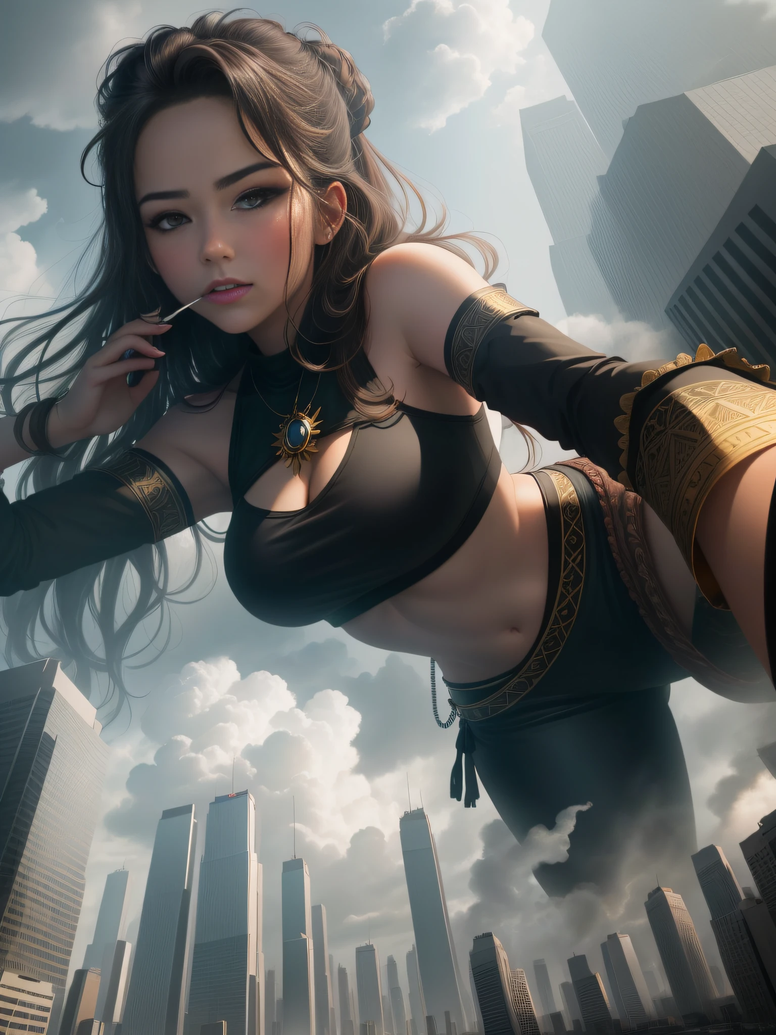 Master works, best picture quality, higher quality, high detail, super high resolution, 1girl, delicate facial features, perfect face, glowing skin, a towering giantess wearing a cool and leisurely hippie style, crop top and loose pants. Her toned and athletic figure hints at her great strength. She seems to wander carelessly through the bustling cityscape of GTS City, with towering buildings looming overhead. Smoke and clouds rage around her, adding to the epic sense of scale and drama. The lighting is dark, gloomy, and realistic, creating a tense and ominous atmosphere. From below, the perspective emphasizes the pure majesty and power of the giantess.