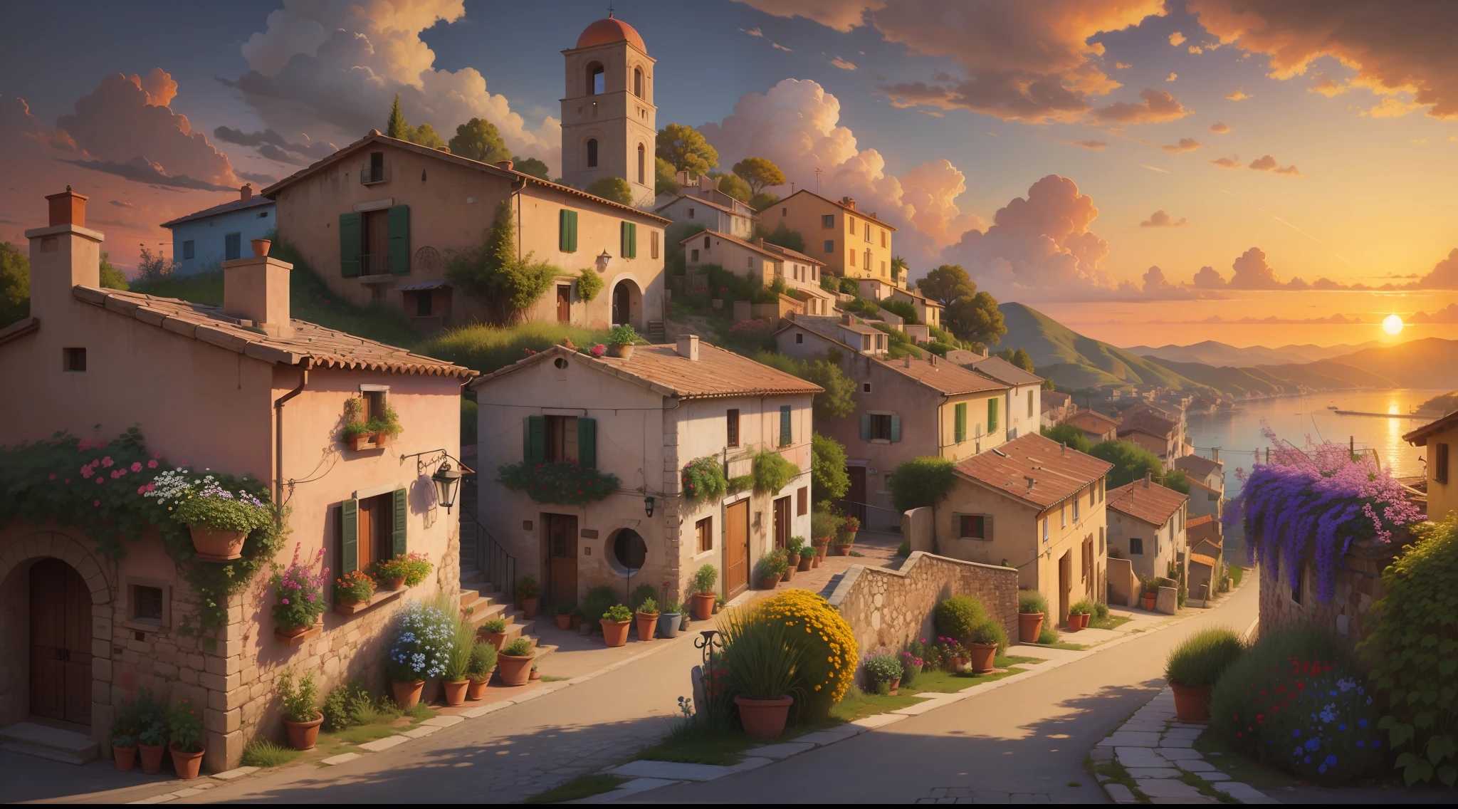 An old Italian village, with colorful houses, . In the background, a distant landscape with sunset, oil painting in the style of Sung Kim
