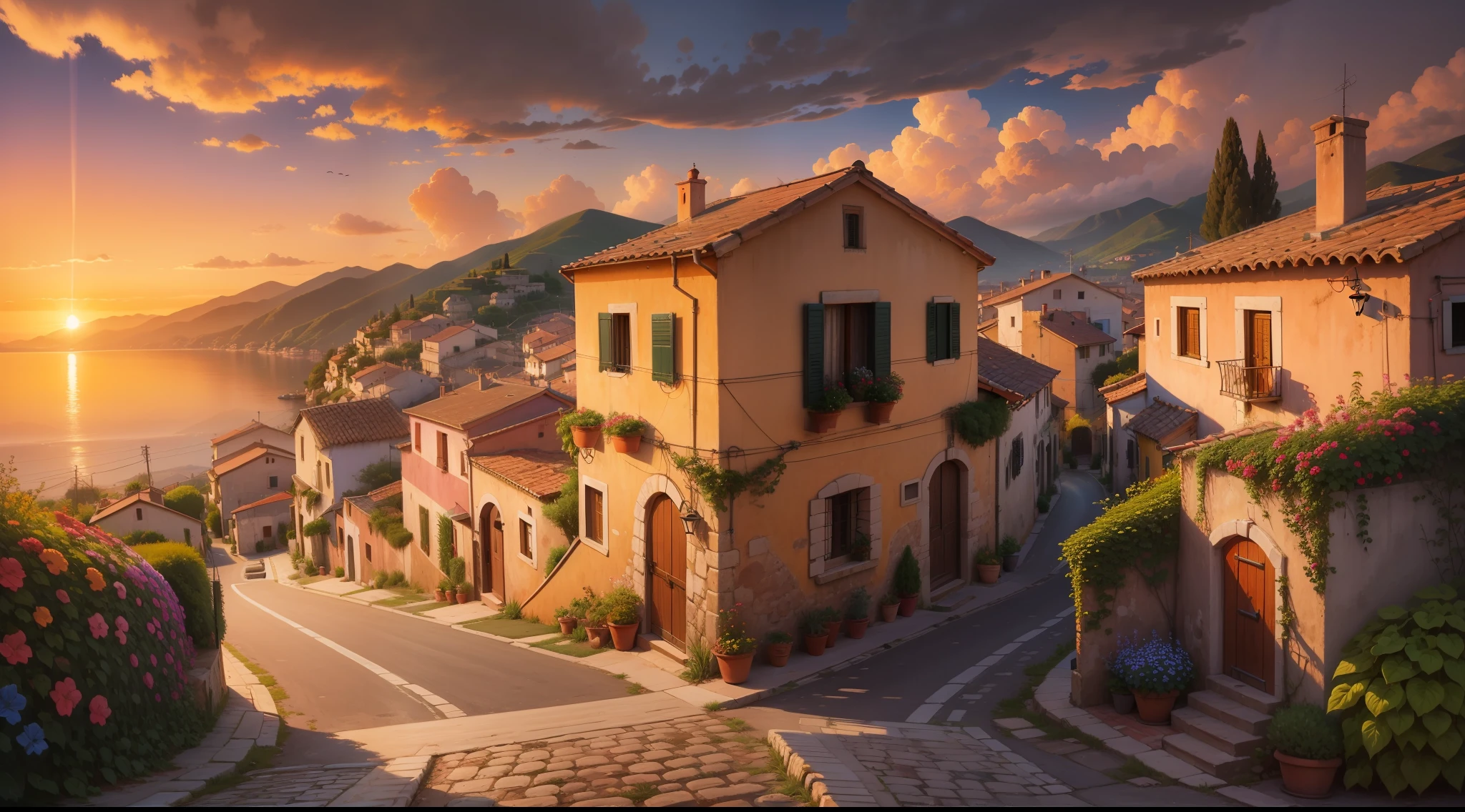 An old Italian village, with colorful houses, . In the background, a distant landscape with sunset, oil painting in the style of Sung Kim