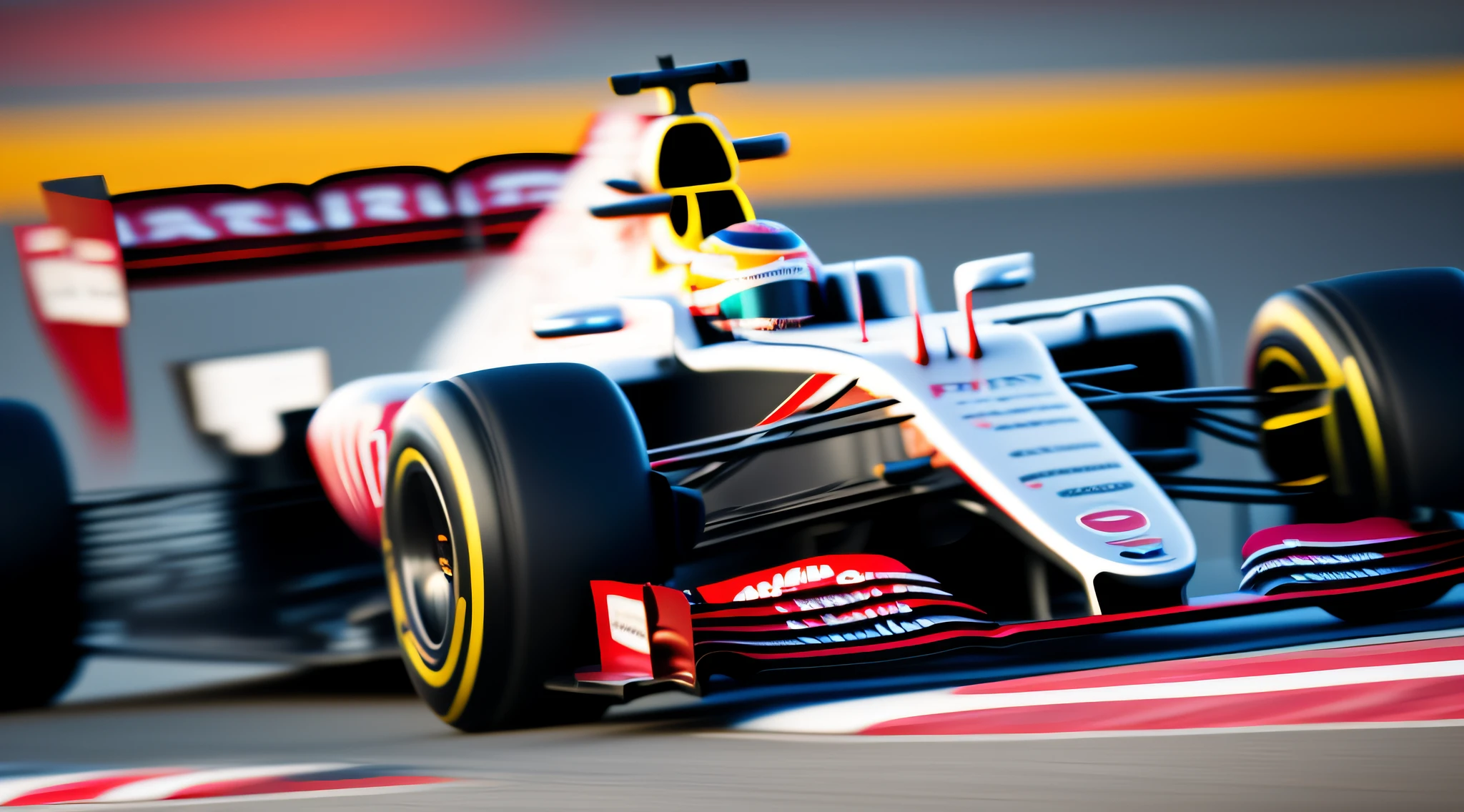 Capture a hyper-realistic portrait of an F1 car in high definition (HD) at 8K resolution. Emphasize intricate details of the car's aerodynamic design, sleek curves, and reflective surfaces. Use dramatic lighting to enhance the car's contours and create a sense of speed and power. Employ a shallow depth of field with a wide aperture (f/1) to focus on specific elements while blurring the background, adding a sense of dynamic motion. Utilize professional-grade camera equipment, such as a high-resolution DSLR or mirrorless camera with a fast lens, to ensure exceptional image quality and clarity. --auto --s2