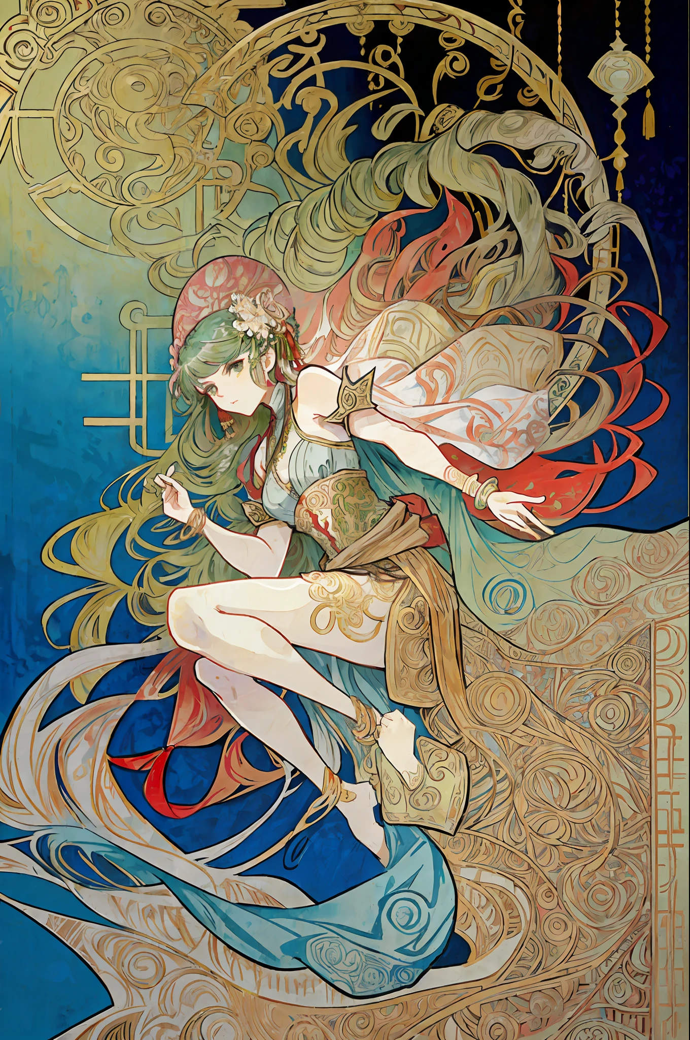 (Alphonse Mucha: 1.4), facial portrait of a European beauty, dance, long hair, red and green gradient hair flower decoration, (no clothes: 2), (details +Intricate details: 1.2), 4K, abstract art, body is proportional, line art, side face, color, Fibonacci, an ancient Chinese beauty, gorgeous costume embroidered with intricate embroidery, transparent colored streamers tied on arms, flowing, navel, bare shoulders, bare neck coiled hair bun, flower hairpin, arm ring tied with streamer, bracelet, anklet, metal chain tassel tied around the waist, Mogao cave art, Dunhuang flying sky mural inspiration, ink, cgstation popular --v 6