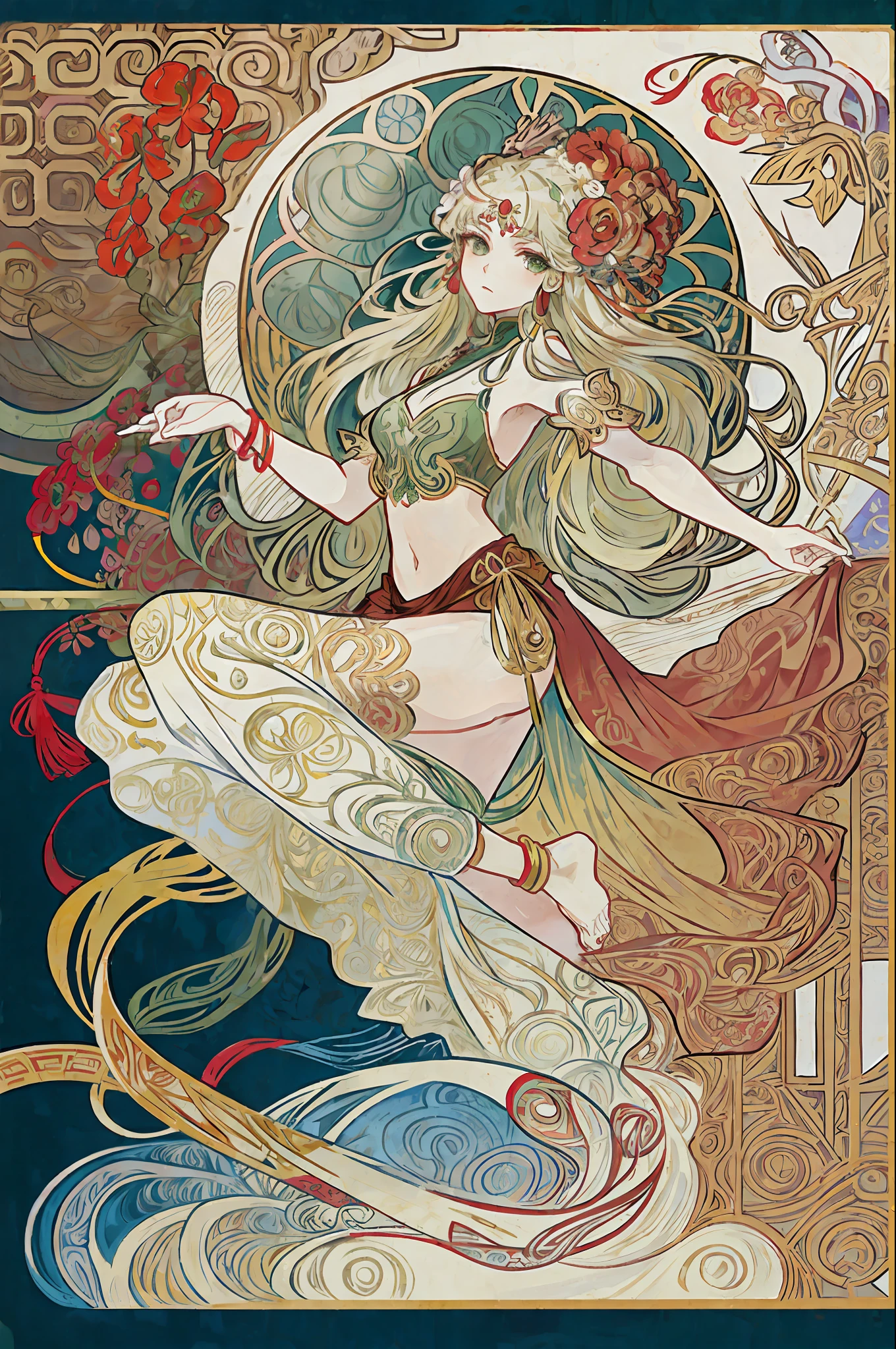 (Alphonse Mucha: 1.4), facial portrait of a European beauty, dance, long hair, red and green gradient hair flower decoration, (no clothes: 2), (details +Intricate details: 1.2), 4K, abstract art, body is proportional, line art, side face, color, Fibonacci, an ancient Chinese beauty, gorgeous costume embroidered with intricate embroidery, transparent colored streamers tied on arms, flowing, navel, bare shoulders, bare neck coiled hair bun, flower hairpin, arm ring tied with streamer, bracelet, anklet, metal chain tassel tied around the waist, Mogao cave art, Dunhuang flying sky mural inspiration, ink, cgstation popular --v 6