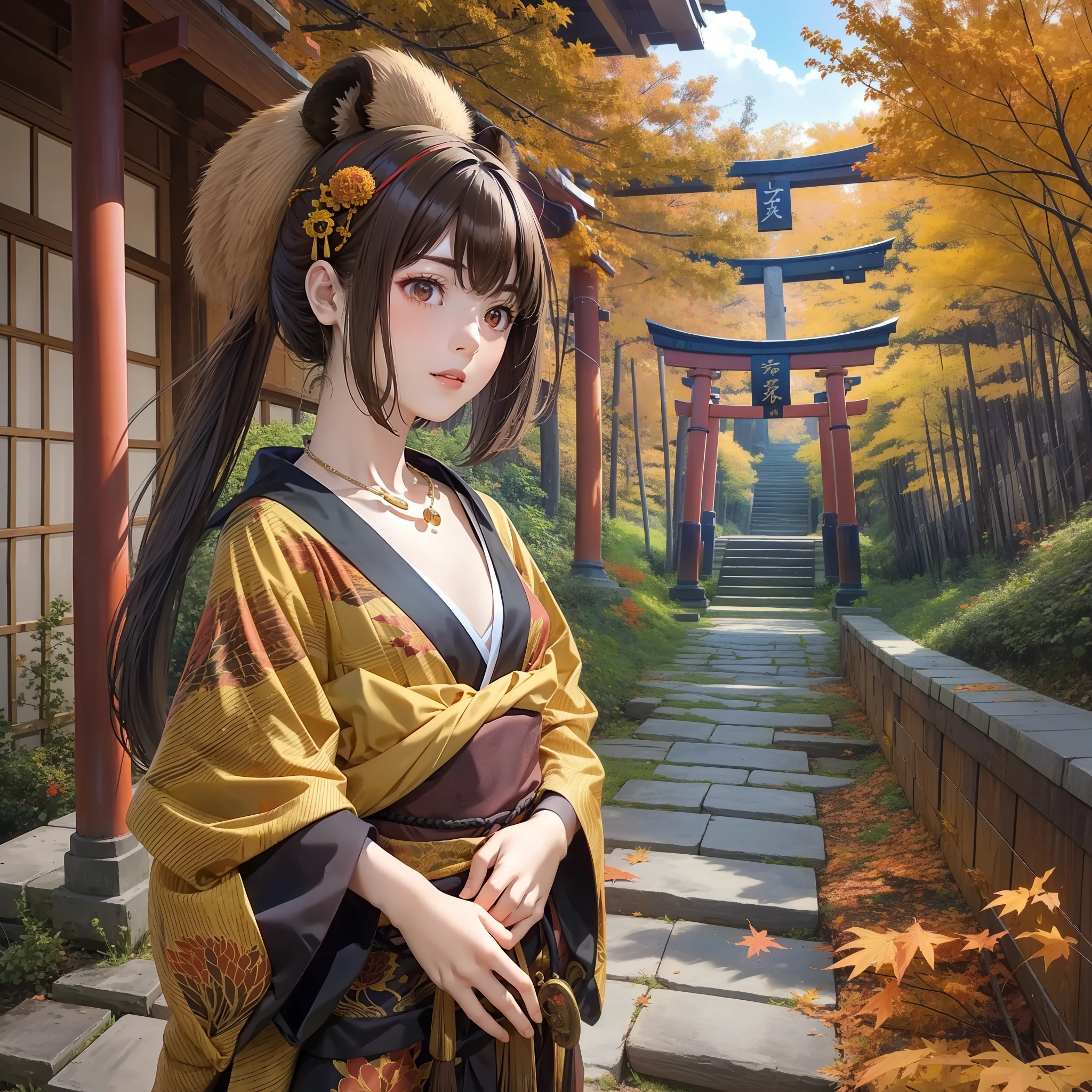 Masterpiece, (1 woman: 1.8), autumn twilight, personification of Tanuki, yellow skin, brown hair, red at the tips only, black and red kimono, autumn leaves, lots of torii, teeth, Ghibli, cleavage, small necklace