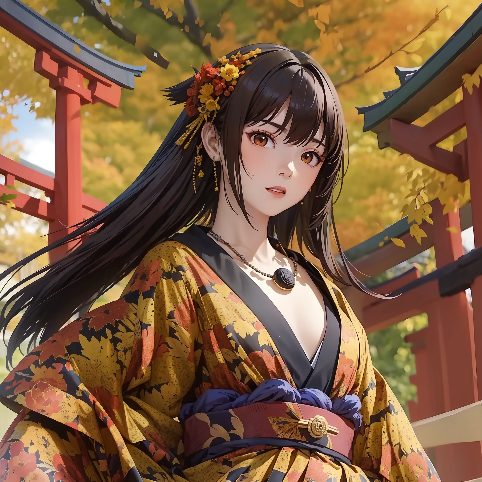 Masterpiece, (1 woman: 1.8), autumn twilight, personification of Tanuki, yellow skin, brown hair, red at the tips only, black and red kimono, autumn leaves, lots of torii, teeth, Ghibli, cleavage, small necklace