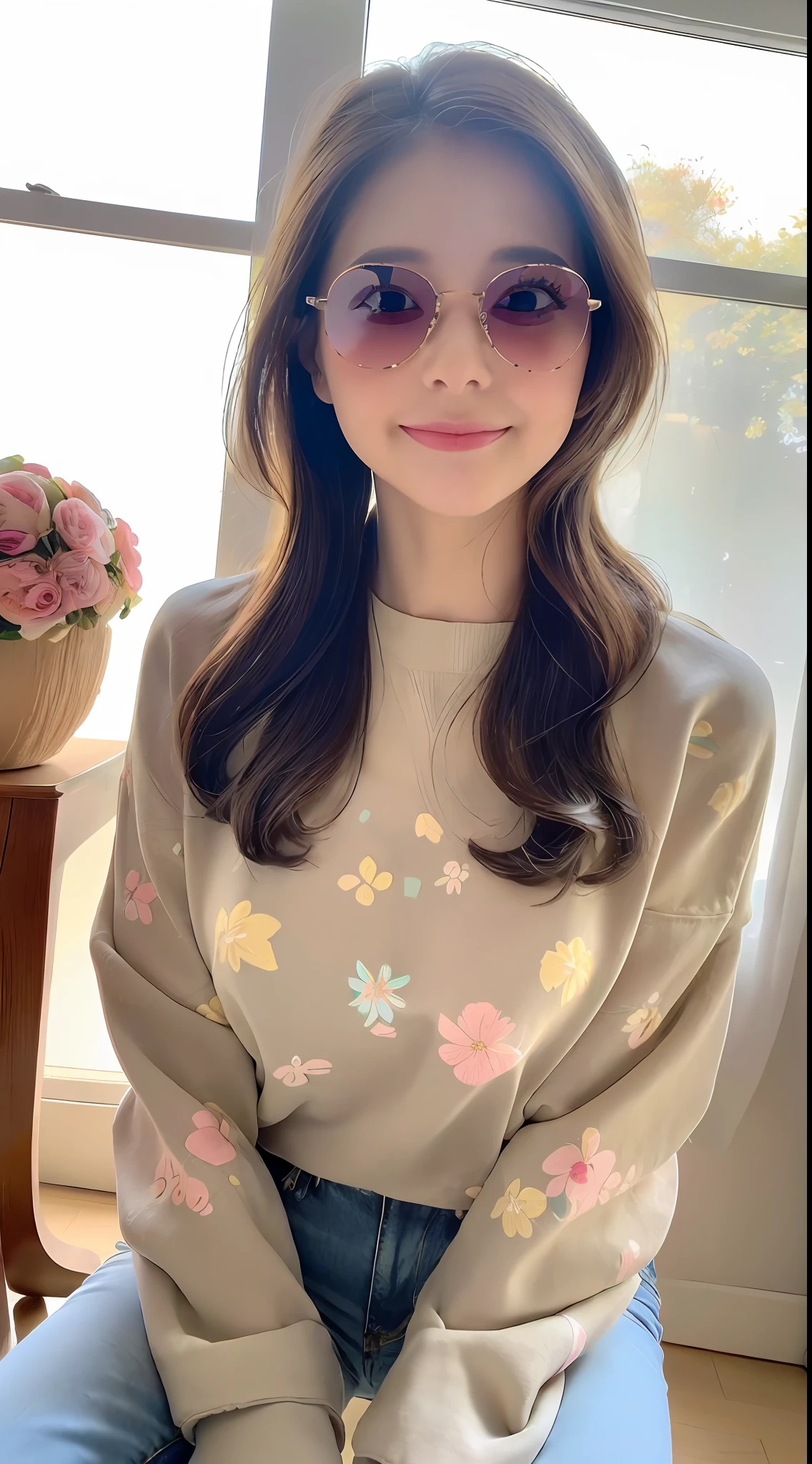 8K resolution, extreme picture quality, super high definition, a beauty, single, thick eyebrows, eyebrows upturned, extreme face, (long hair, tied with two balls hair style), color clear eyes, (smooth hair, delicate and perfect facial features, the most beautiful big eyes, long eyelashes, sweet eyes with silkworms, smile, gentle, seductive lips, smile, seductive smile, delicate skin, shiny, moisturizing skin, blushing face, ribbon trim, sunglasses, heavy makeup, (((wear colorful floral crewneck sweatshirt))), (( (New Perfect Jeans))), background floor-to-ceiling windows, high-rise buildings outside the window, ultra HD, dreamy, photorealistic light and shadow, hyper-realism, highest precision