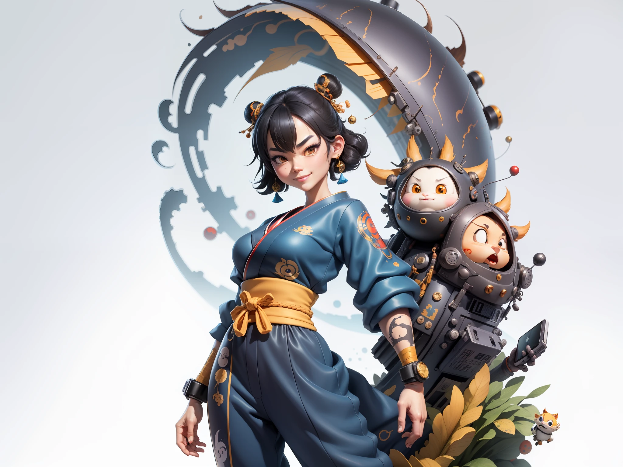 (Masterpiece), (Extreme Quality), (Super Meticulous), (Full Body: 1.2), Super Young Woman, Japanese Female Geisha, Beauty, Chinese Dragon, Tiger, Fengshen Thor, Sexy, Bursting, Oriental Face, TV Anchor, Bust Portrait Illustration, Alone, Black Suit, Blue Tie, Slightly Chubby, Very Clean Face, No Beard, Black Super Short Hair, Black Eyes, Confident Smile, 3c Computer Sub-Products, iPad, iPhone, Digital Painting, 3D character design by Mark Clairedon and Pixar and Hayao Miyazaki and Akira Toriyama, the illustrations are HD illustrations in 4K resolution with highly detailed facial features and cartoon-style visuals.