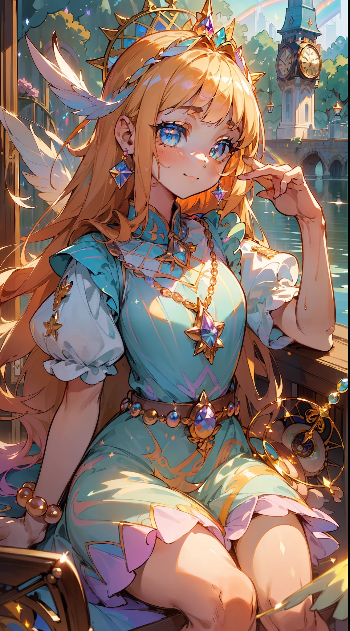1girl, ((cinematic light)), colorful, hyper detail, dramatic light, intricate details, best quality, (extremely detailed CG unity 8k wallpaper, masterpiece, best quality, ultra-detailed, best shadow), (detailed background:1.4), (beautiful detailed face, beautiful detailed eyes), High contrast, (best illumination, an extremely delicate and beautiful),(girl:1.5), cowboy shot, masterpiece, (((best quality))) (((PERFECT QUALITY))), (((highly detail eyes))), (((highly detail))), (((((perfect eyes))))), (((((((beautiful eyes))))))), both eyes are the same, smooth, (((((perfect face))))), ((((extremely detailed 8K)))), high resolution, ultra quality, glare, Iridescent, Global illumination, real hair movement, realistic light, realistic shadow, perfect quality, detailed shadow and light, pixar, ((FANTASY)), ((MAGIC)), 3D, ((HIPER quality)), (((2K, 3K, 5K, 6K, 7K, 8K,))), ((detailed, good quality))
(((cute and delicate girl SITTING ON THE BRIDGE)))), ((light orange hair))), ((long hair)), ((kawaii)), ((((cute eyes)))) , ((kawaii eyes))
((((Princess)))), (((Princess crown))),
((((Long detailed glitter RAINBOW COLORFULL feather crystal princess dress)))), ((((((LONG BIG RAINBOW COLORFULL chic princess dress))))))
((shiny crystal shoes)), ((gold accessories, gold earrings, flower accessories, pearl accessories)),((happy expression)),
((SHINES, SPARKLES)), GOLD, ((sparkles)), ((shiny butterflies flying)), (feathers)
LAKE, BRIDGE, (((((CLOCK))))), MIRROR WATER, (((((FLOWERS IN THE LAKE))))), FOUNTAIN, (((LIGHTS SHINING IN THE LAKE))), BUSHES, NATURE
(((WOOD, BLUE CRYSTALS ON WOOD, PEARLS ON WOOD))), (((blue crystals))), ((((MAGIC LIBRARY)))), (((FOREST)))
(((((magical ancient place)))))