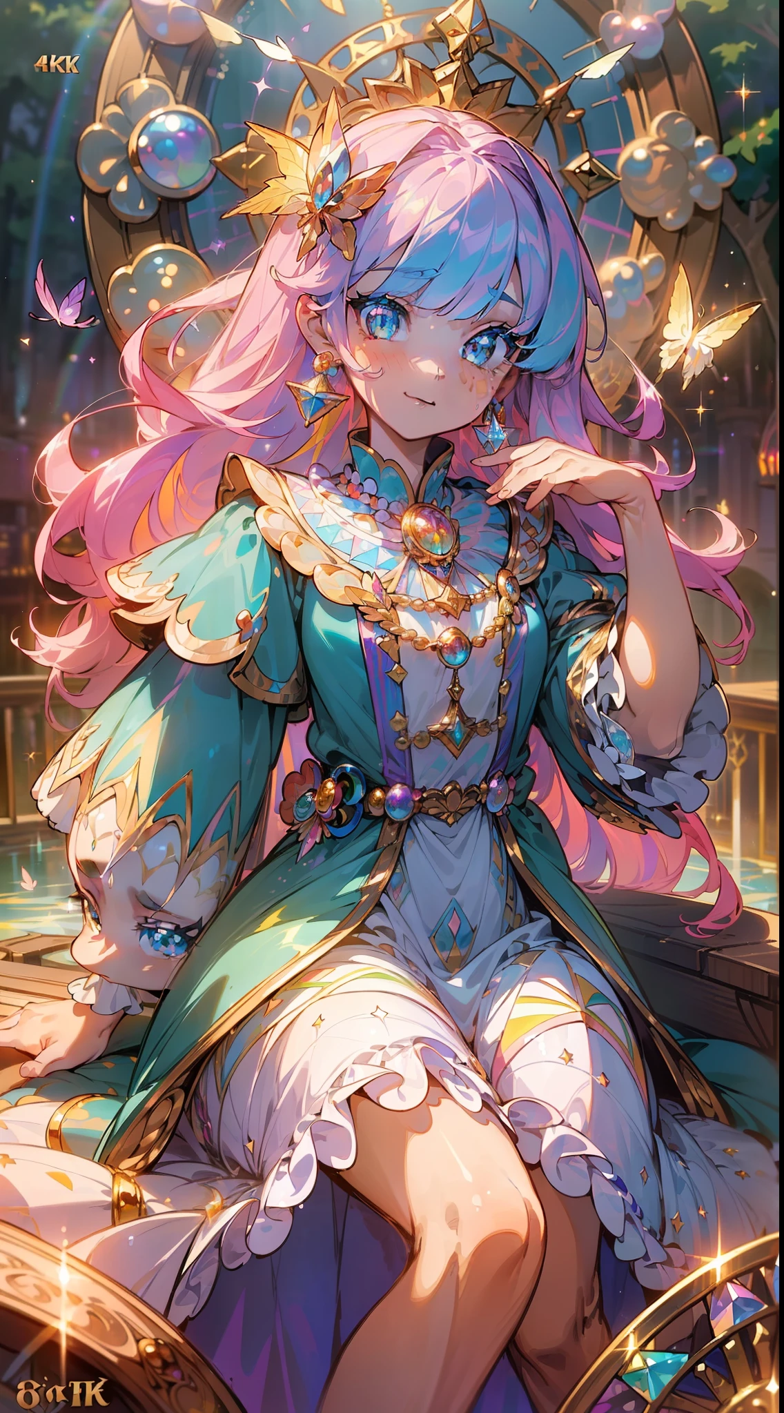 1girl, ((cinematic light)), colorful, hyper detail, dramatic light, intricate details, best quality, (extremely detailed CG unity 8k wallpaper, masterpiece, best quality, ultra-detailed, best shadow), (detailed background:1.4), (beautiful detailed face, beautiful detailed eyes), High contrast, (best illumination, an extremely delicate and beautiful),(girl:1.5), cowboy shot, masterpiece, (((best quality))) (((PERFECT QUALITY))), (((highly detail eyes))), (((highly detail))), (((((perfect eyes))))), (((((((beautiful eyes))))))), both eyes are the same, smooth, (((((perfect face))))), ((((extremely detailed 8K)))), high resolution, ultra quality, glare, Iridescent, Global illumination, real hair movement, realistic light, realistic shadow, perfect quality, detailed shadow and light, pixar, ((FANTASY)), ((MAGIC)), 3D, ((HIPER quality)), (((2K, 3K, 5K, 6K, 7K, 8K,))), ((detailed, good quality))

(((cute and delicate girl SITTING ON THE BRIDGE)))), ((light orange hair))), ((long hair)), ((kawaii)), ((((cute eyes)))) , ((kawaii eyes))

((((Princess)))), (((Princess crown))), 

((((Long  detailed glitter RAINBOW COLORFULL feather crystal princess dress)))), ((((((LONG BIG RAINBOW COLORFULL chic princess dress))))))

((shiny crystal shoes)), ((gold accessories, gold earrings, flower accessories, pearl accessories)),((happy expression)),

((SHINES, SPARKLES)), GOLD, ((sparkles)), ((shiny butterflies flying)), (feathers)

LAKE, BRIDGE, (((((CLOCK))))), MIRROR WATER, (((((FLOWERS IN THE LAKE))))), FOUNTAIN, (((LIGHTS SHINING IN THE LAKE))), BUSHES, NATURE
(((WOOD, BLUE CRYSTALS ON WOOD, PEARLS ON WOOD))), (((blue crystals))), ((((MAGIC LIBRARY)))), (((FOREST)))
 (((((magical ancient place)))))