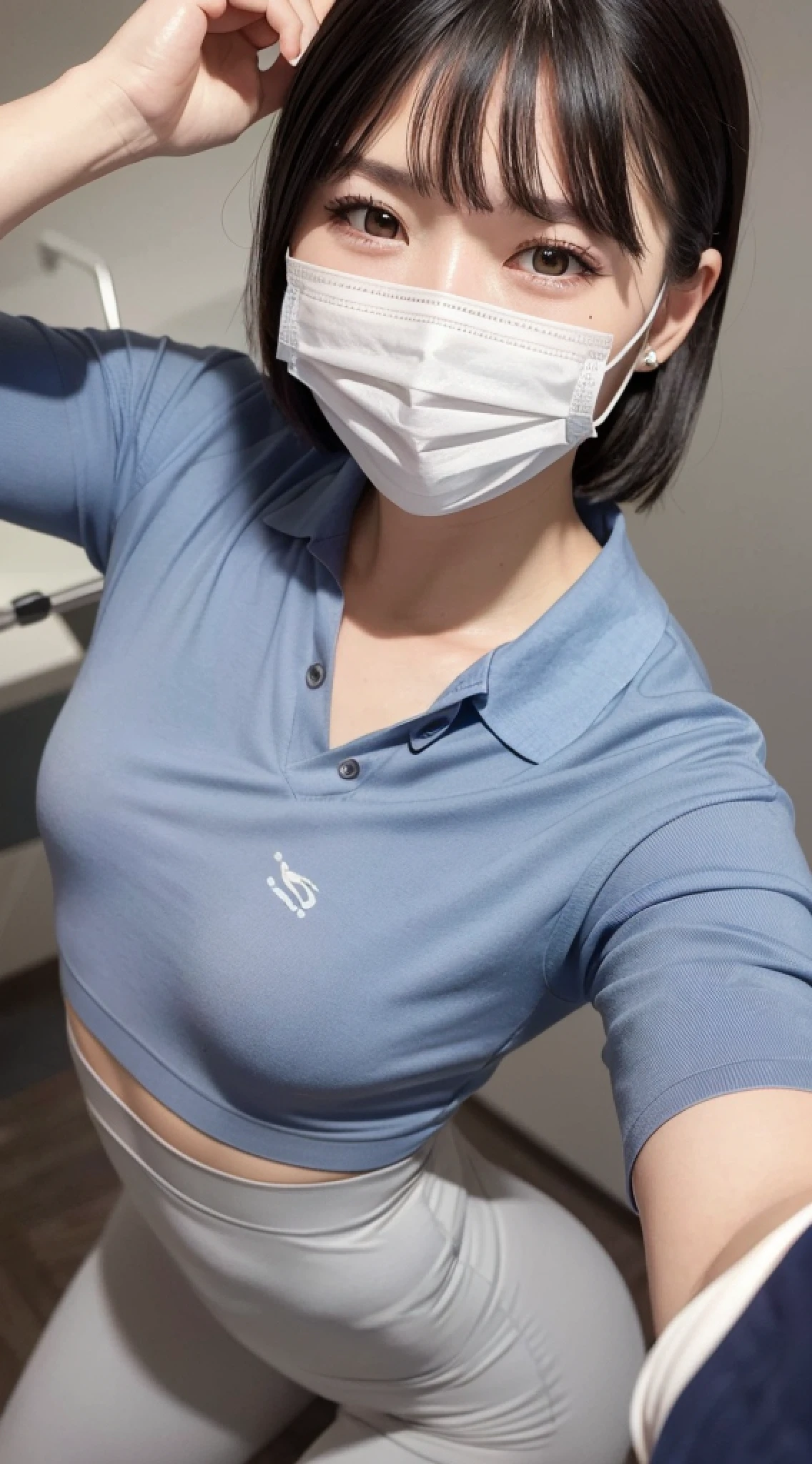 (8k: 1.27), top quality, masterpiece, super high definition: 1.2) Cute female medical staff photo, 31 years old, medium short hair, (long length navy polo shirt: 1.2), (light gray sports leggings: 1.5), clerical expression, sexy body, mask, shot in the operating room, (TOP VIEW: 1.5),(surgical gloves: 1.3), (small eyes: 1.5), Dark eye makeup, plump buttocks, blue shirt and gray pants with T-pose, V-neck top, no navel