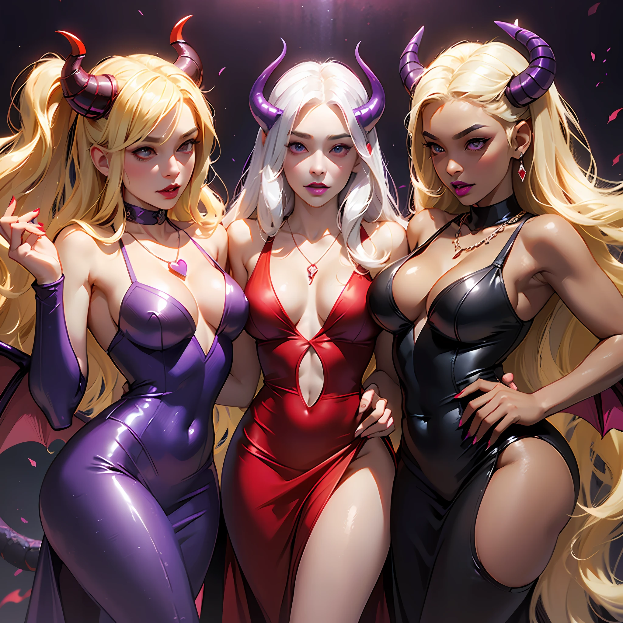 Beautiful, Pokémon jynx, ice queen, glossy lips, plump lips, sexy lips, ((lipstick)), ((dark tan skin)), ((long blonde hair)), ((red dress)), heart necklace, succubus, ((succubus horns)), ((purple dragon wings)), masterpiece, 8k, vampire fangs, blowing a kiss, African American --auto --s2