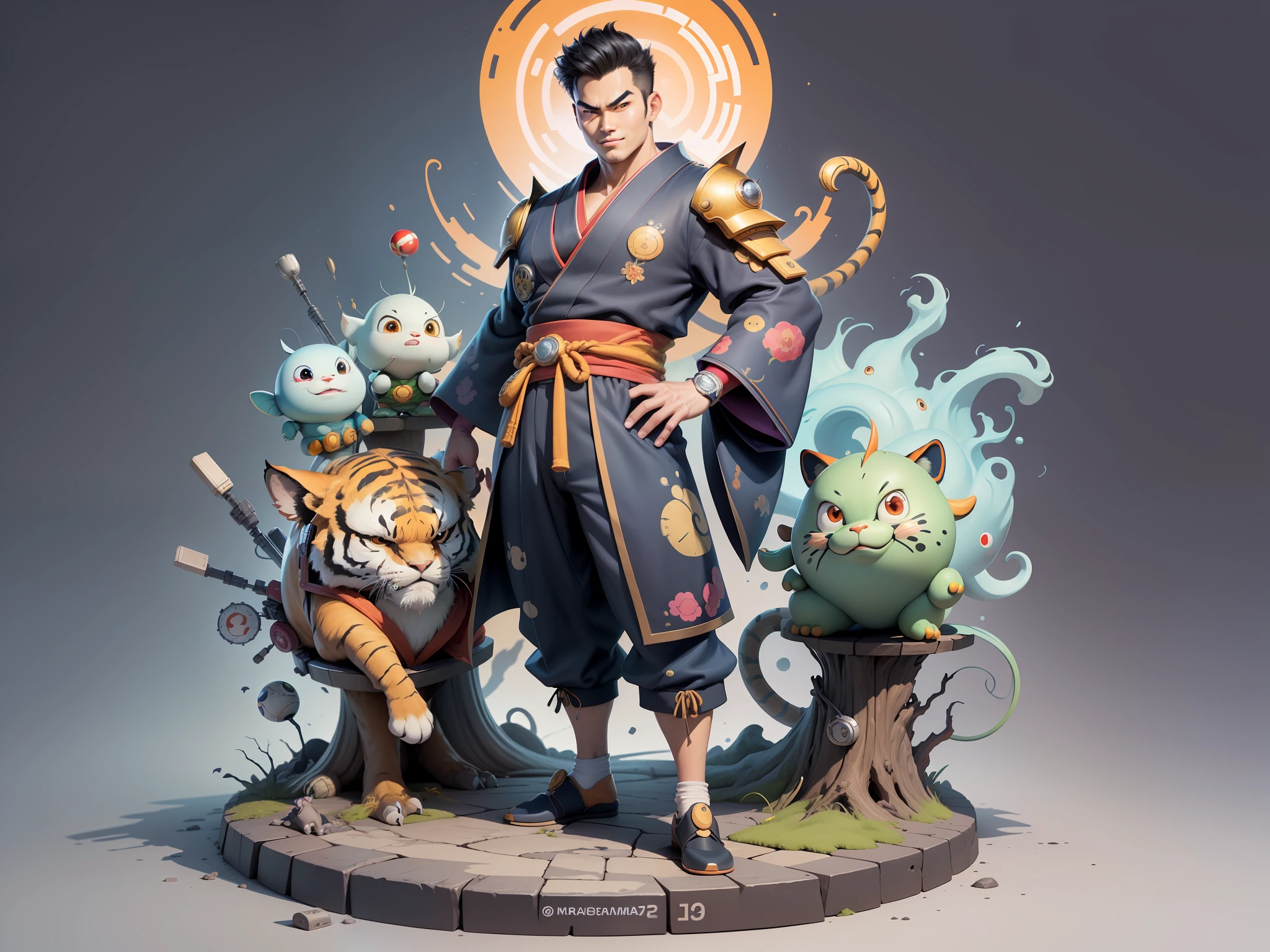 (Masterpiece), (Excellent), (Super Meticulous), (Full Body: 1.2), Super Young Man, Oriental Face, Japanese Kimono, Japanese Wind Thunder God, Dragon, Tiger, TV Anchor, Bust Portrait Illustration, Alone, Black Suit, Blue Tie, Slightly Chubby Face, Very Clean Face, No Beard, Black Super Short Hair, Black Eyes, Confident Smile, 3c Computer Sub-Products, iPad, iPhone, Digital Painting, 3D Character Design by Akira Toriyama and Mark Claireden and Pixar and Hayao Miyazaki, The illustration is a high-definition illustration in 4K resolution with very detailed facial features and cartoon-style visuals.