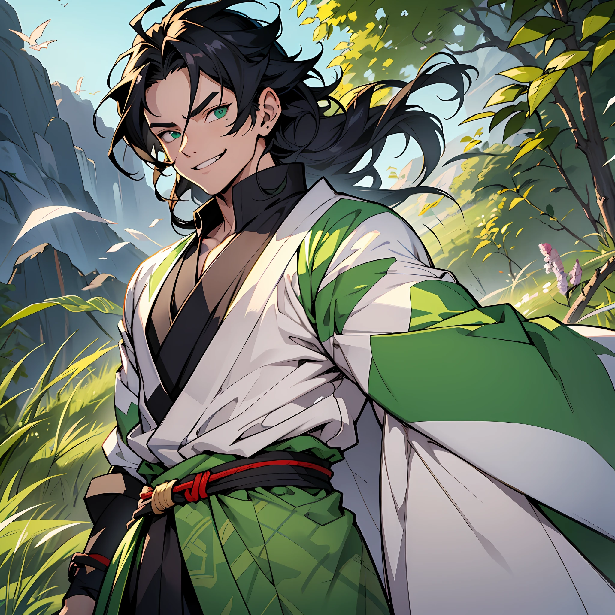 ((best quality)), ((ultradetailed)), ((masterpiece)), best quality (katana: 1.4), serious,(at night: 1.4), a -yeld whas his big black hair, which goes up to his waist. Your hair is thick and has a healthy appearance, your hair is large and not stuck, contrasting with your fair skin. The young man's eyes are emerald green, and are deep, expressive, and intense like two clear pearls. They reflect calm and an inquisitive curiosity. He has a big smile on his face and a watchful eye. With his upright posture, the young man shows a confident bearing and a cheerful and hyperactive aura. He wears a green kimono with prints in geometric shapes in the theme of demon slayer, made of a quality fabric. giving him the look of a swordsman. At his waist, he carries a white katana with gray details on the blade. The long, sharp blade is made of polished steel, its coloration is white, and it is reflecting light. He's in a green and beautiful field. He has a cheerful face. Kimetsu no Yaiba style, alone, 1boy, demon slayer style, loose hair, petulant look, smiling, confident, only 1, spilled hair, loose and big hair, demon slayer artstyle
