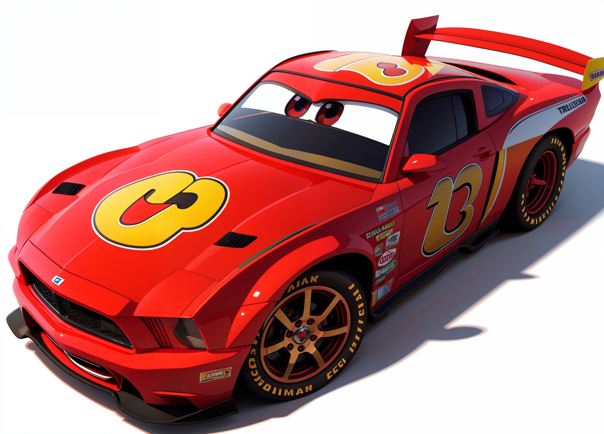 racing car, cartoon, car, mcqueen,mustang , vehicle, detailed, cg, detailed eyes and mouth, 3d rendering, pixar, eyes, looking at viewer, hq human ho rendering, character art, white background, official art