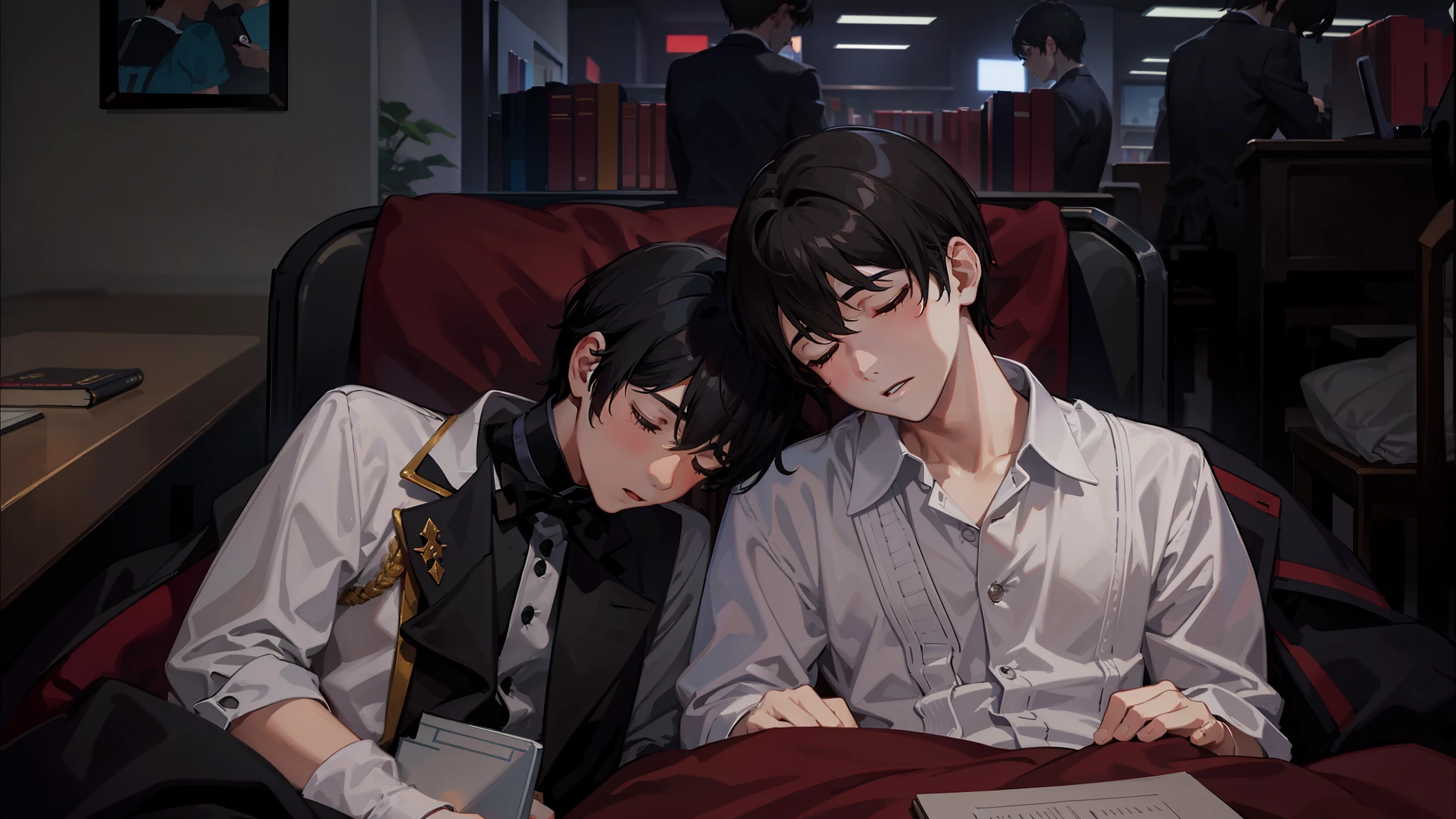 Best Quality, Masterpiece, High Resolution, 2Boys, Sleeping, Library